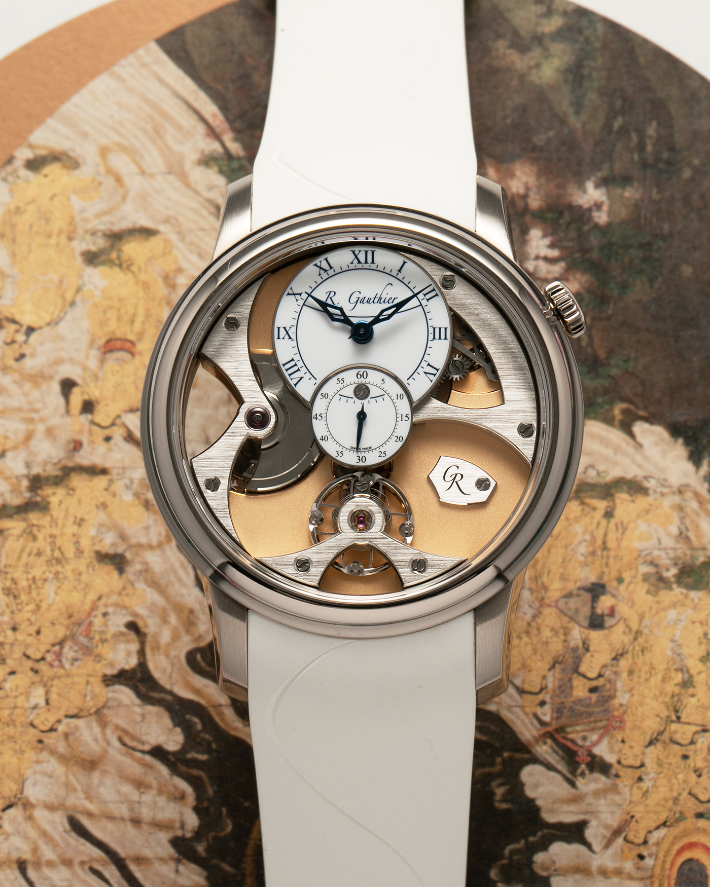 Brand: Romain Gauthier Year: 2023 Model: Insight Micro-Rotor, Limited Edition of 10 Pieces in this Configuration Reference Number: MON00360 Material: 18-carat White Gold Case, Oven-Fired Grand Feu White Enamel Dial Movement: Romain Gauthier Insight Micro-Rotor Caliber, Self-Winding Case Dimensions: 39.5mm x 12.9mm Strap: Romain Gauthier White Rubber Strap with Signed 18-carat White Gold Tang Buckle and Additional Romain Gauthier Brown Alligator Strap