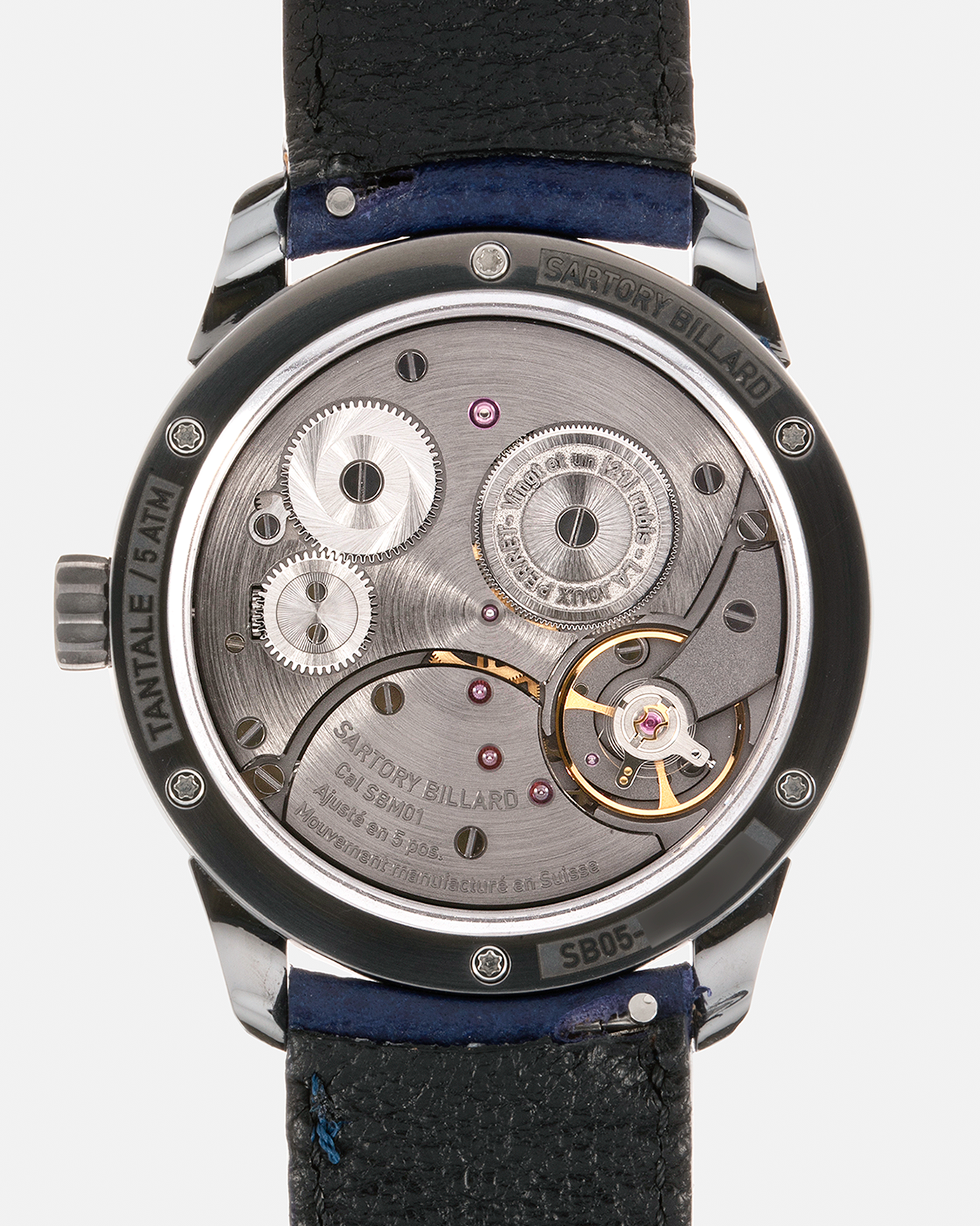 Brand: Sartory Billard Year: 2023 Model: SB05 Material: Tantalum Case, Meteorite Chapter Ring Movement: La Joux-Perret Cal. 7380, Manual-Winding  Case Diameter: 38.5mm Strap: Sartory Billard Dark Blue Textured Calf Leather Strap with Sartory Billard Signature Tang Buckle, with an additional Sartory Billard Veal Hermeline Strap and a Calf Suede Strap, both additional straps with Sartory Billard Signature Tang Buckles