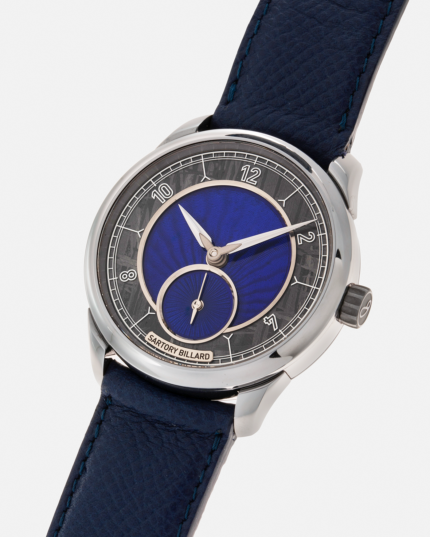 Brand: Sartory Billard Year: 2023 Model: SB05 Material: Tantalum Case, Meteorite Chapter Ring Movement: La Joux-Perret Cal. 7380, Manual-Winding  Case Diameter: 38.5mm Strap: Sartory Billard Dark Blue Textured Calf Leather Strap with Sartory Billard Signature Tang Buckle, with an additional Sartory Billard Veal Hermeline Strap and a Calf Suede Strap, both additional straps with Sartory Billard Signature Tang Buckles