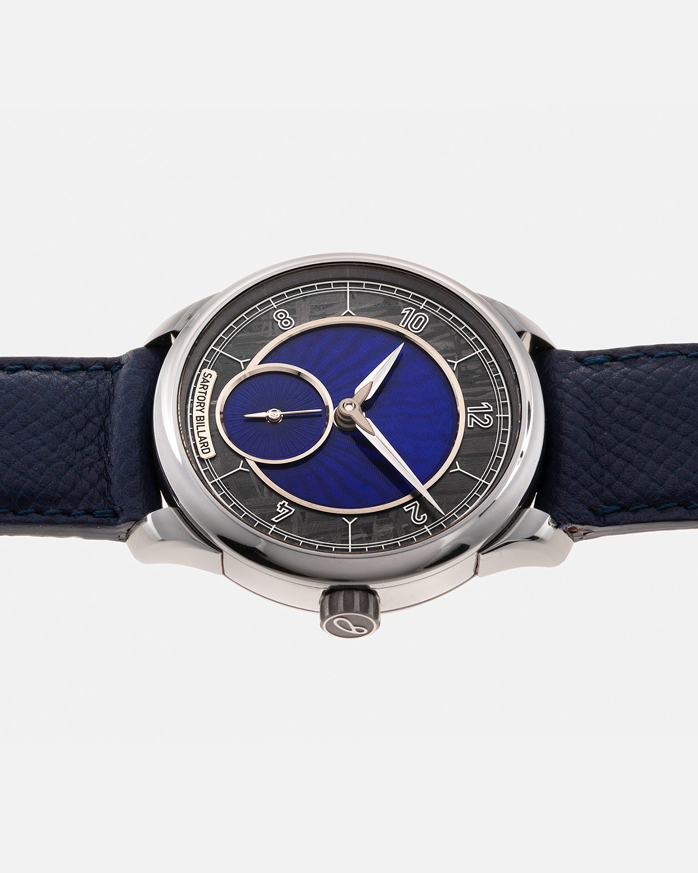 Brand: Sartory Billard Year: 2023 Model: SB05 Material: Tantalum Case, Meteorite Chapter Ring Movement: La Joux-Perret Cal. 7380, Manual-Winding  Case Diameter: 38.5mm Strap: Sartory Billard Dark Blue Textured Calf Leather Strap with Sartory Billard Signature Tang Buckle, with an additional Sartory Billard Veal Hermeline Strap and a Calf Suede Strap, both additional straps with Sartory Billard Signature Tang Buckles