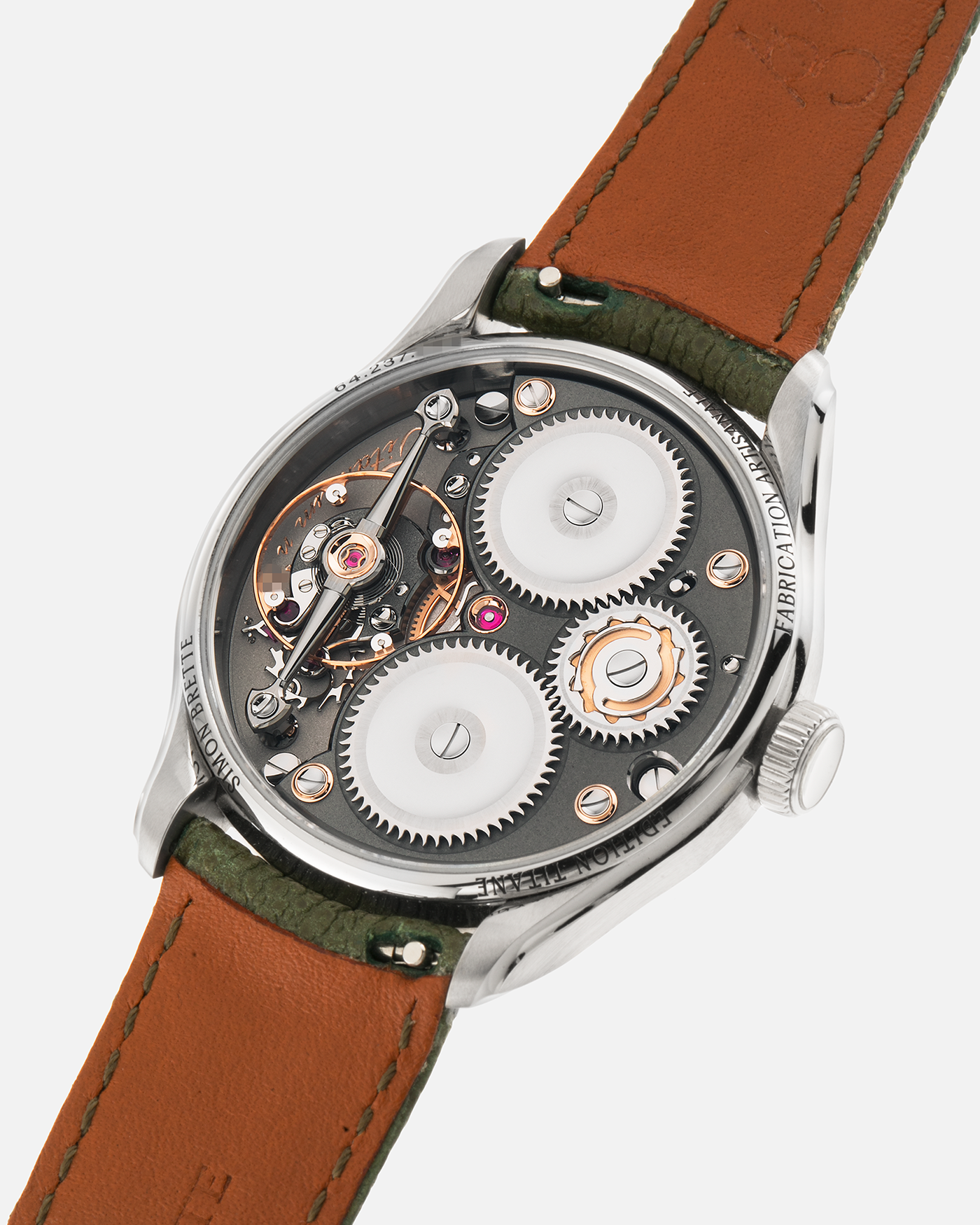Brand: Simon Brette
Year: 2025
Model: Chronometre Artisans
Reference Number: 64.237.XXX
Material: Grade 5 Titanium
Movement: Simon Brette In-House, Manually Wound Cal. SBCA
Case Dimensions: 39mm Diameter 10.5mm Thickness
Lug Width: 20mm
Strap: Simon Brette Green Calf Leather Strap with Signed Grade 5 Titanium Tang Buckle