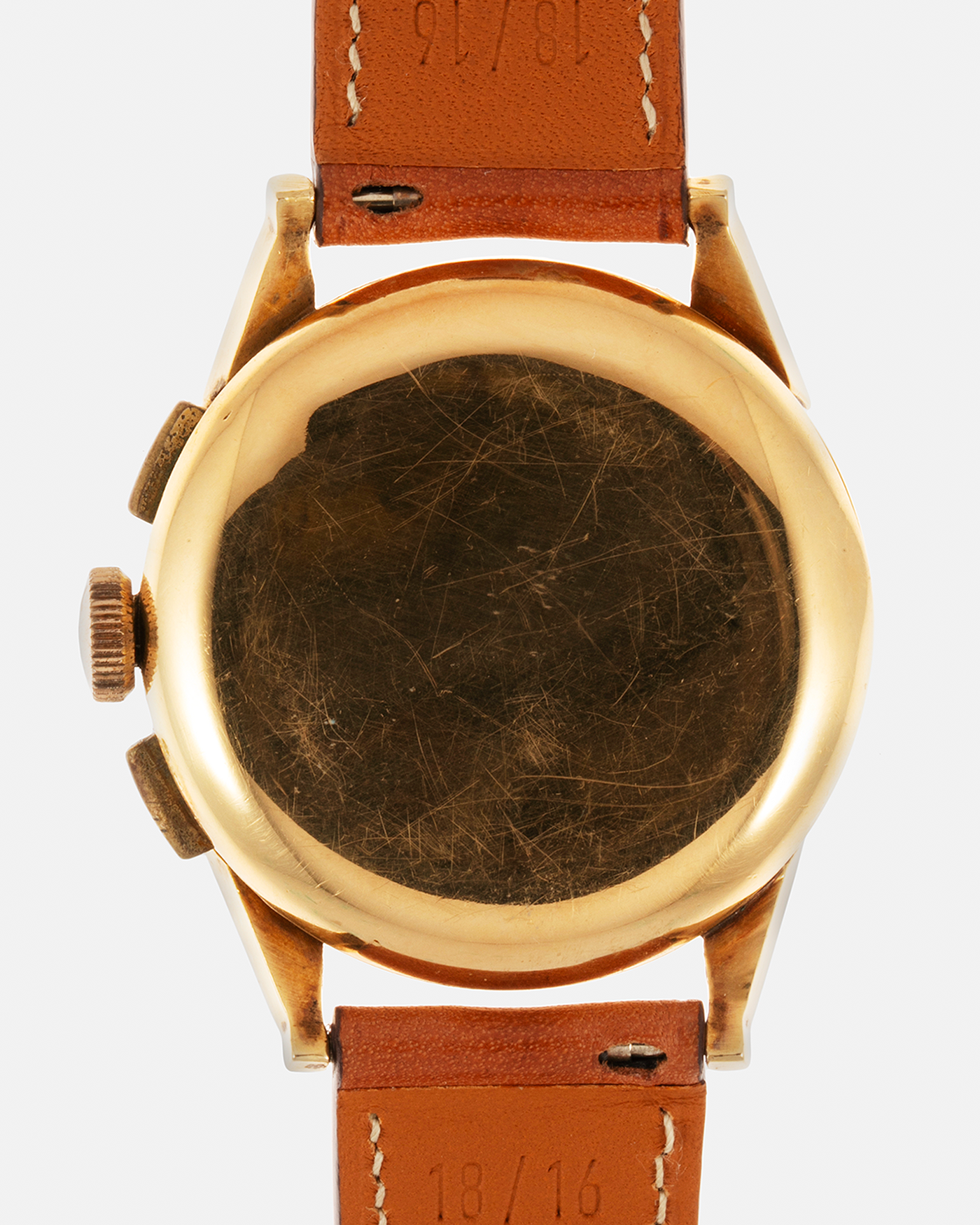 Brand: Universal Genève Year: 1930’s Model: Compur Reference Number: 5166 Case Maker: Stamped ‘Hammerhead 166’, by Henri Jeanneret in Peseux Case Number: 616378 Material: 18-carat Yellow Gold Movement: Universal Genève Cal. 285, Manual-Winding Case Diameter: 38mm Strap: Light Brown Nostime Calf Leather Strap