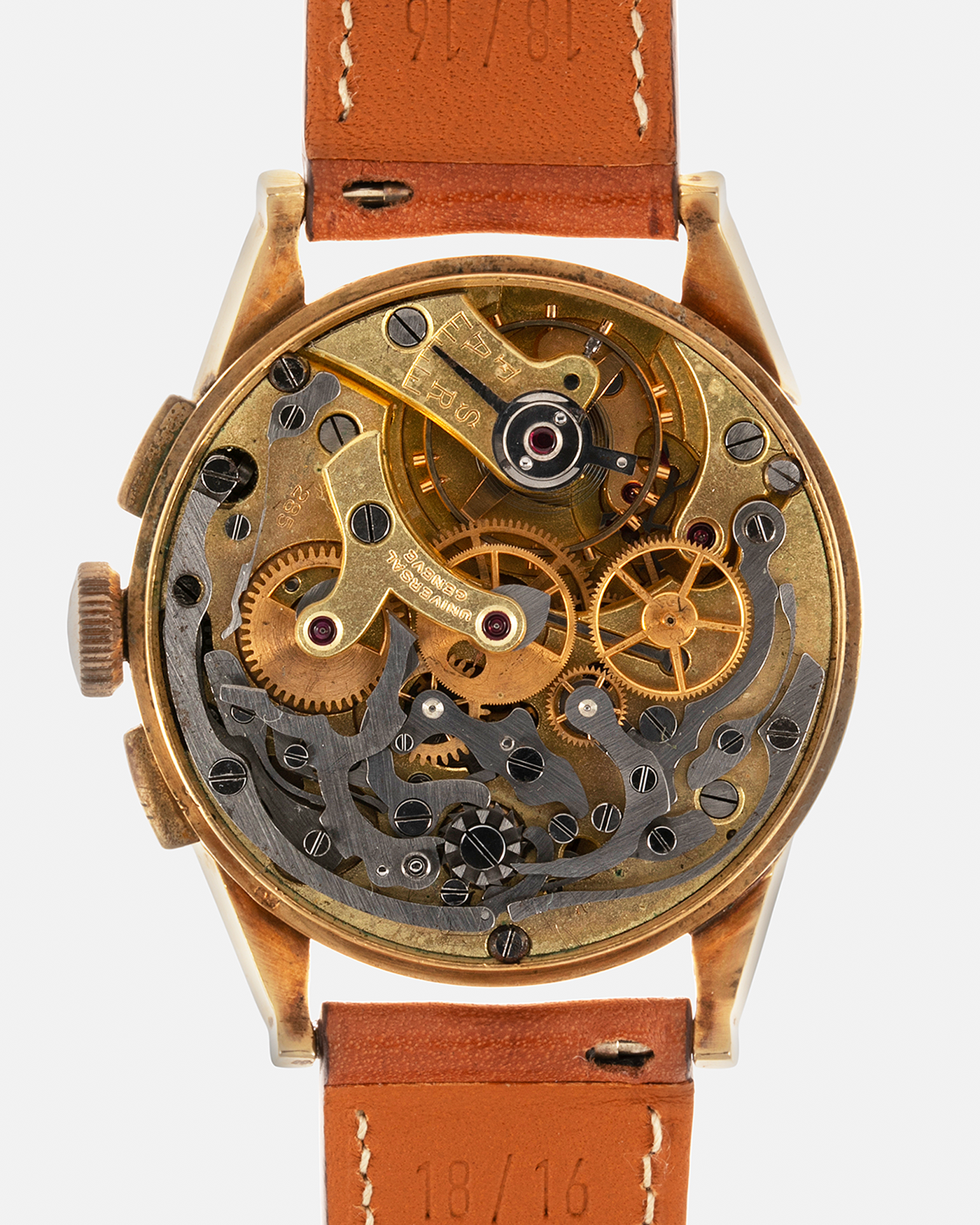 Brand: Universal Genève Year: 1930’s Model: Compur Reference Number: 5166 Case Maker: Stamped ‘Hammerhead 166’, by Henri Jeanneret in Peseux Case Number: 616378 Material: 18-carat Yellow Gold Movement: Universal Genève Cal. 285, Manual-Winding Case Diameter: 38mm Strap: Light Brown Nostime Calf Leather Strap