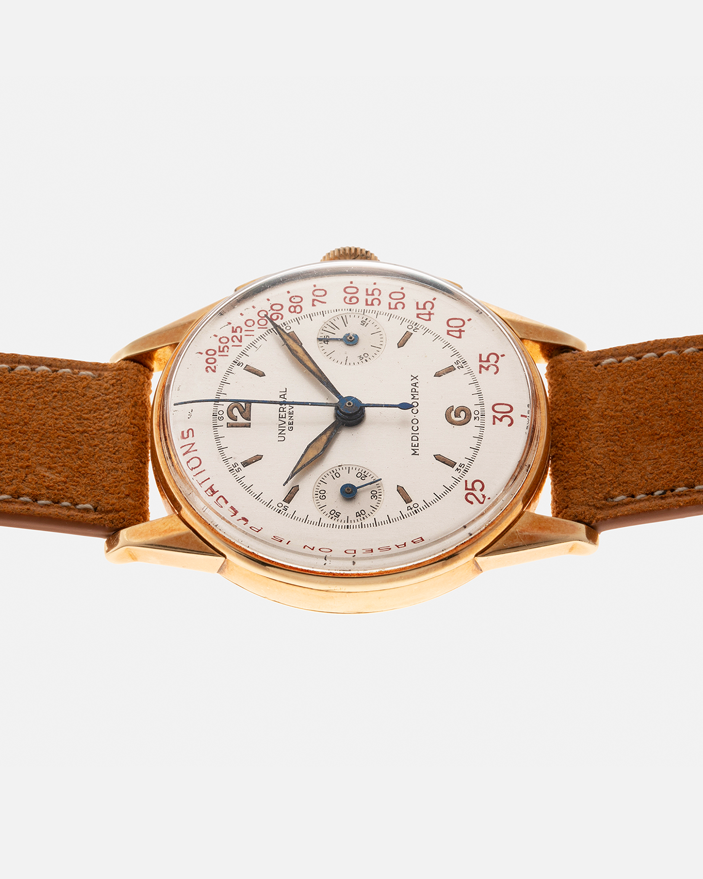 Brand: Universal Genève Year: 1940’s Reference Number: 12426 Material: 18-carat Yellow Gold Movement: Universal Genève Cal. 285, Manual-Winding Case Diameter: 35mm Strap: Nostime Brown Suede Leather Strap