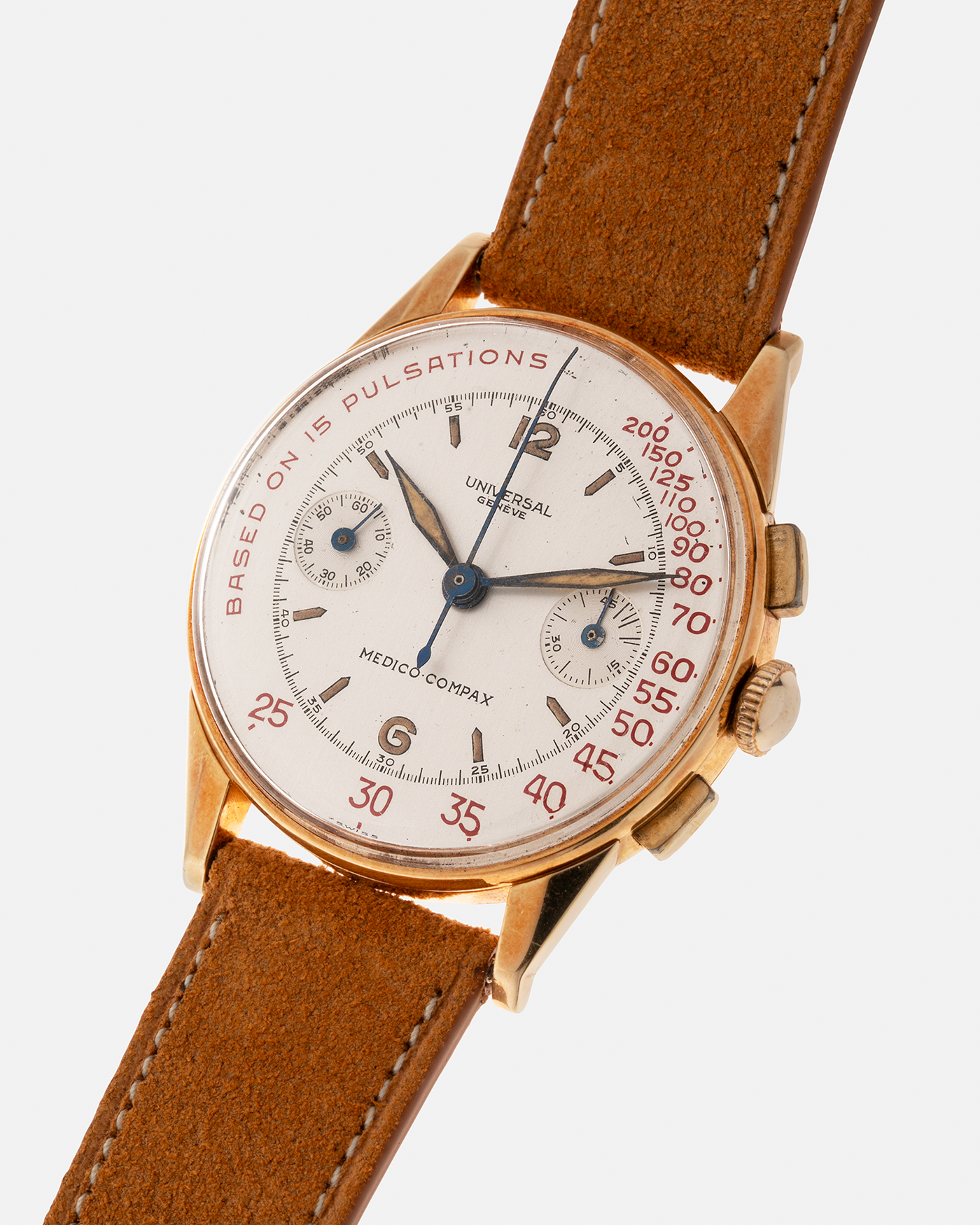 Brand: Universal Genève Year: 1940’s Reference Number: 12426 Material: 18-carat Yellow Gold Movement: Universal Genève Cal. 285, Manual-Winding Case Diameter: 35mm Strap: Nostime Brown Suede Leather Strap