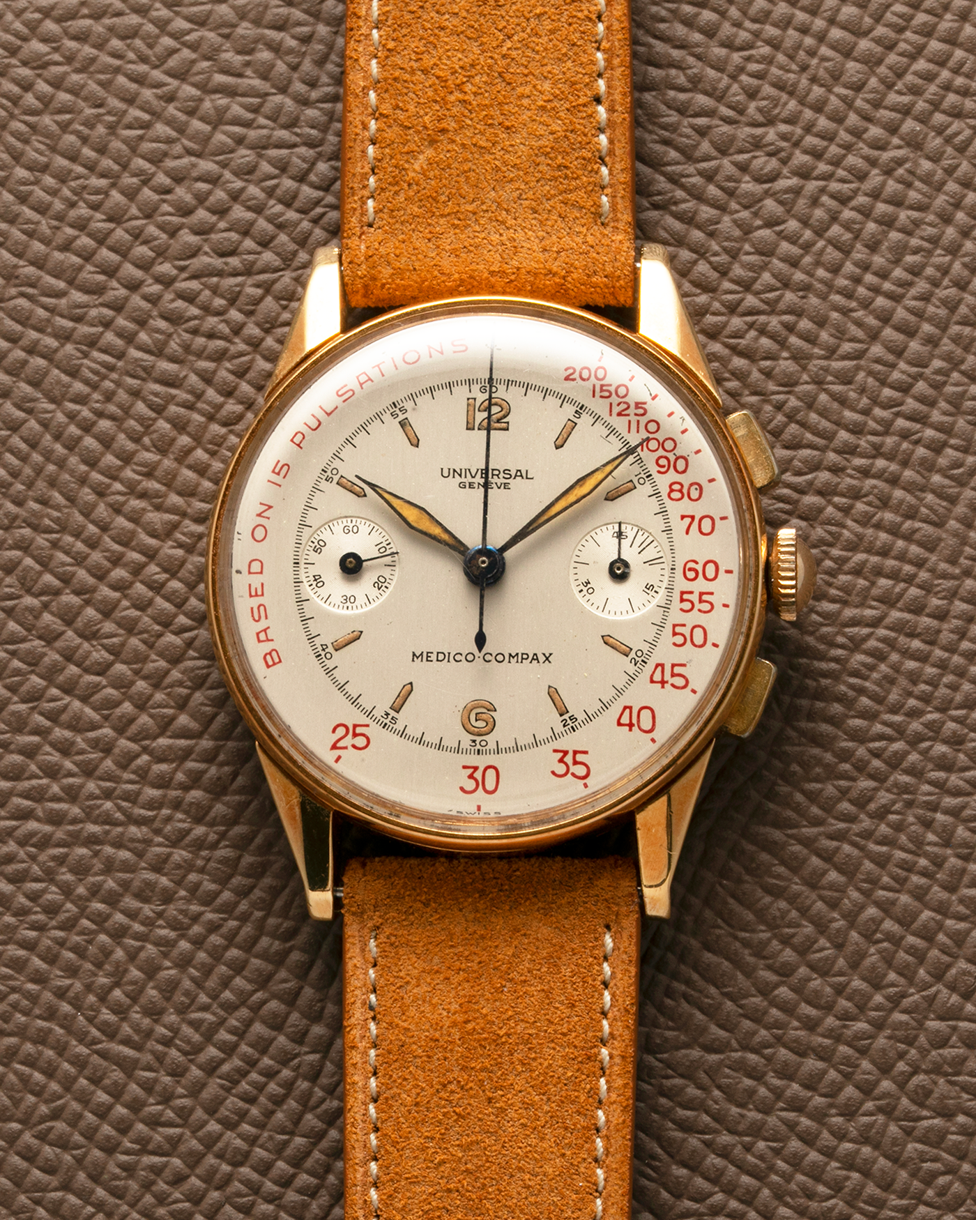 Brand: Universal Genève Year: 1940’s Reference Number: 12426 Material: 18-carat Yellow Gold Movement: Universal Genève Cal. 285, Manual-Winding Case Diameter: 35mm Strap: Nostime Brown Suede Leather Strap