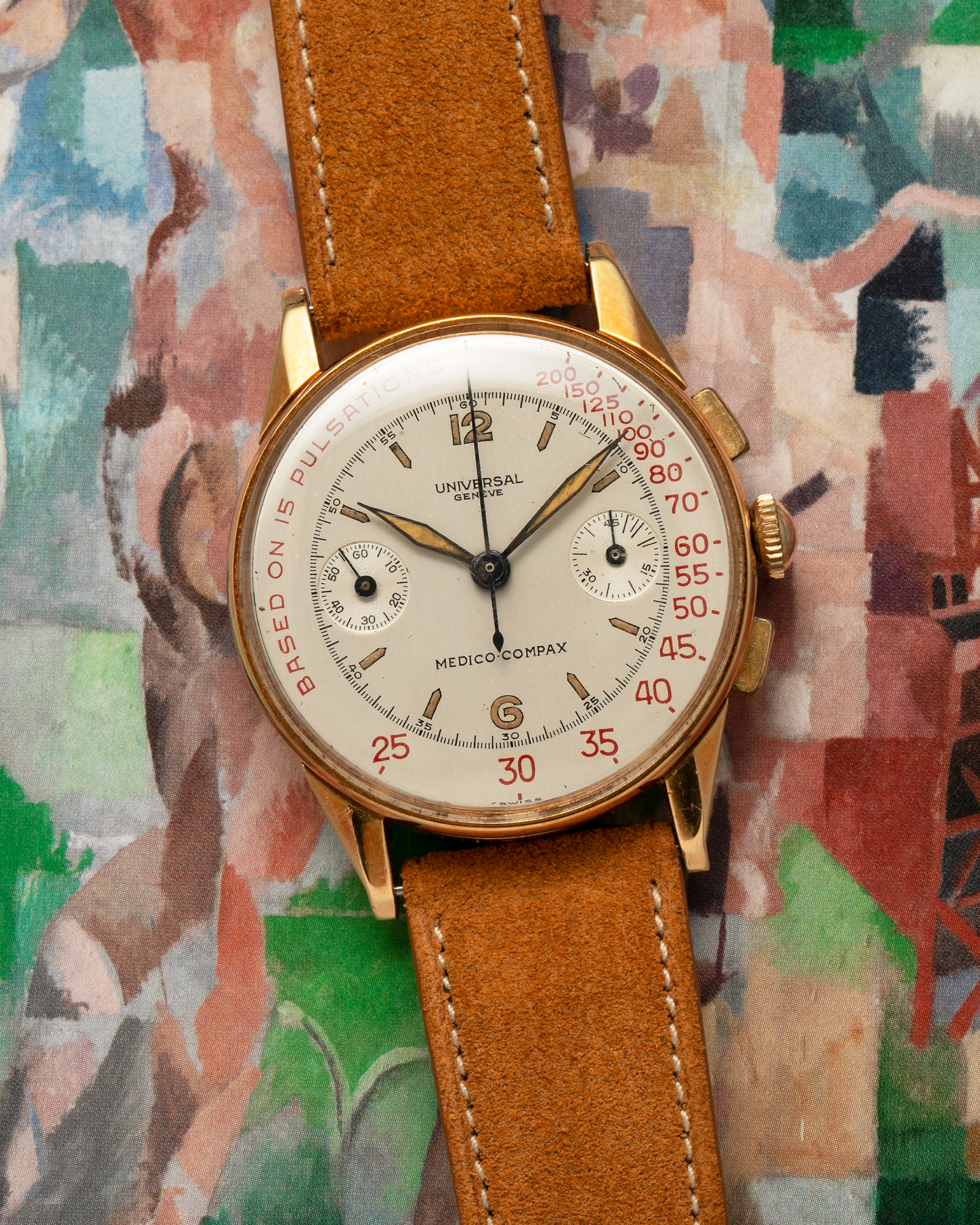 Brand: Universal Genève Year: 1940’s Reference Number: 12426 Material: 18-carat Yellow Gold Movement: Universal Genève Cal. 285, Manual-Winding Case Diameter: 35mm Lud Width: 18mm Strap: Nostime Brown Suede Leather Strap