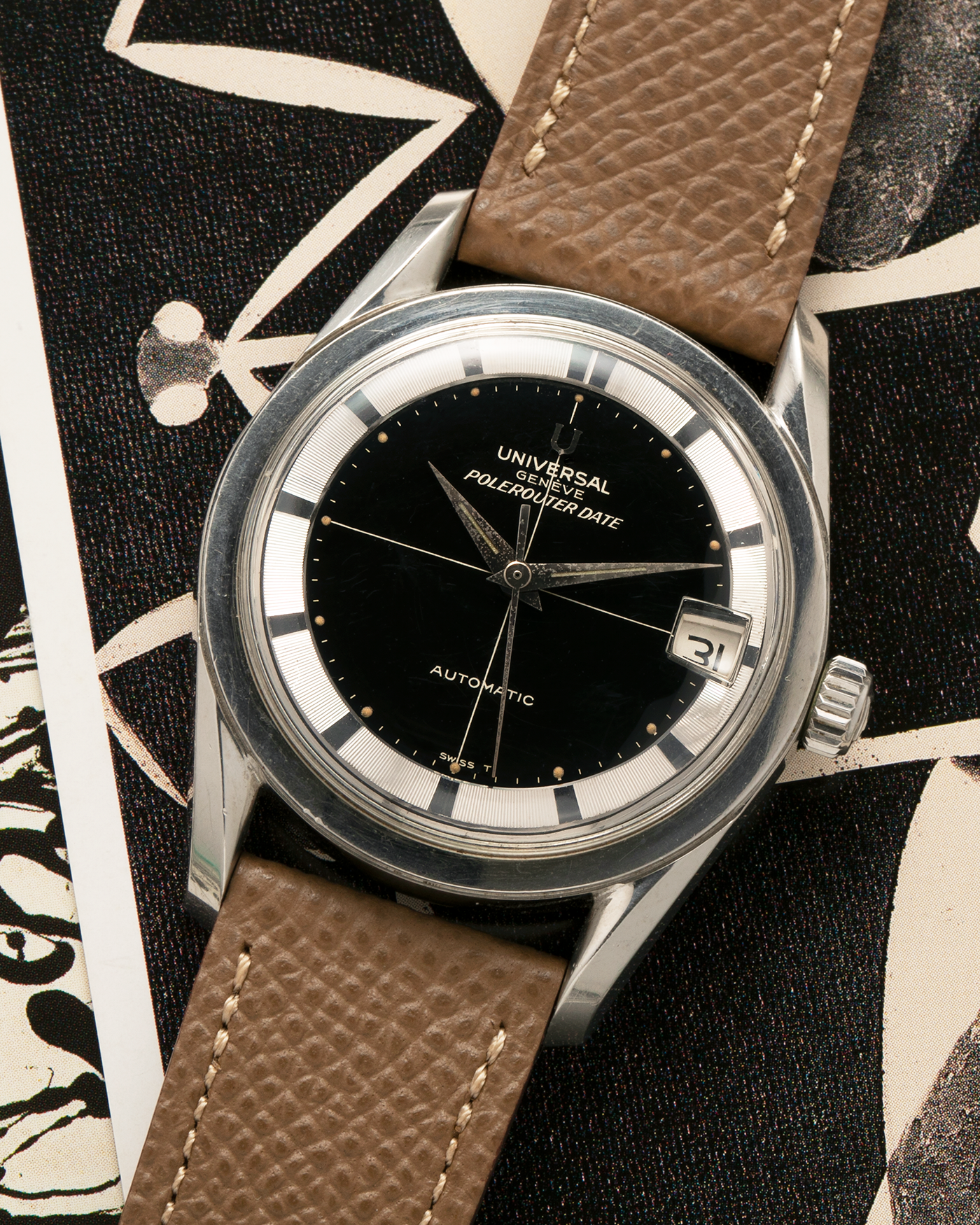 Brand: Universal Genève
Year: Early 1960s
Model: Polerouter
Reference Number: 204612/2
Material: Stainless Steel
Movement: Universal Genève Cal. 218 Micro-Rotor, Self-Winding
Case Diameter: 35.5mm
Lug Width: 19mm
Strap: Nostime Taupe Grained Calf Leather Strap