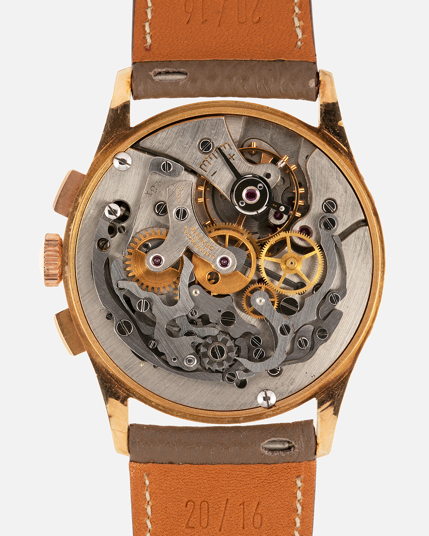 Brand: Universal Genève Year: 1950’s Reference Number: 12295 Material: 18-carat Yellow Gold Movement: Cal. 481, Manual-Winding Case Diameter: 35mm Strap: Nostime Taupe Textured Calf Strap with Generic Stainless Steel Tang Buckle