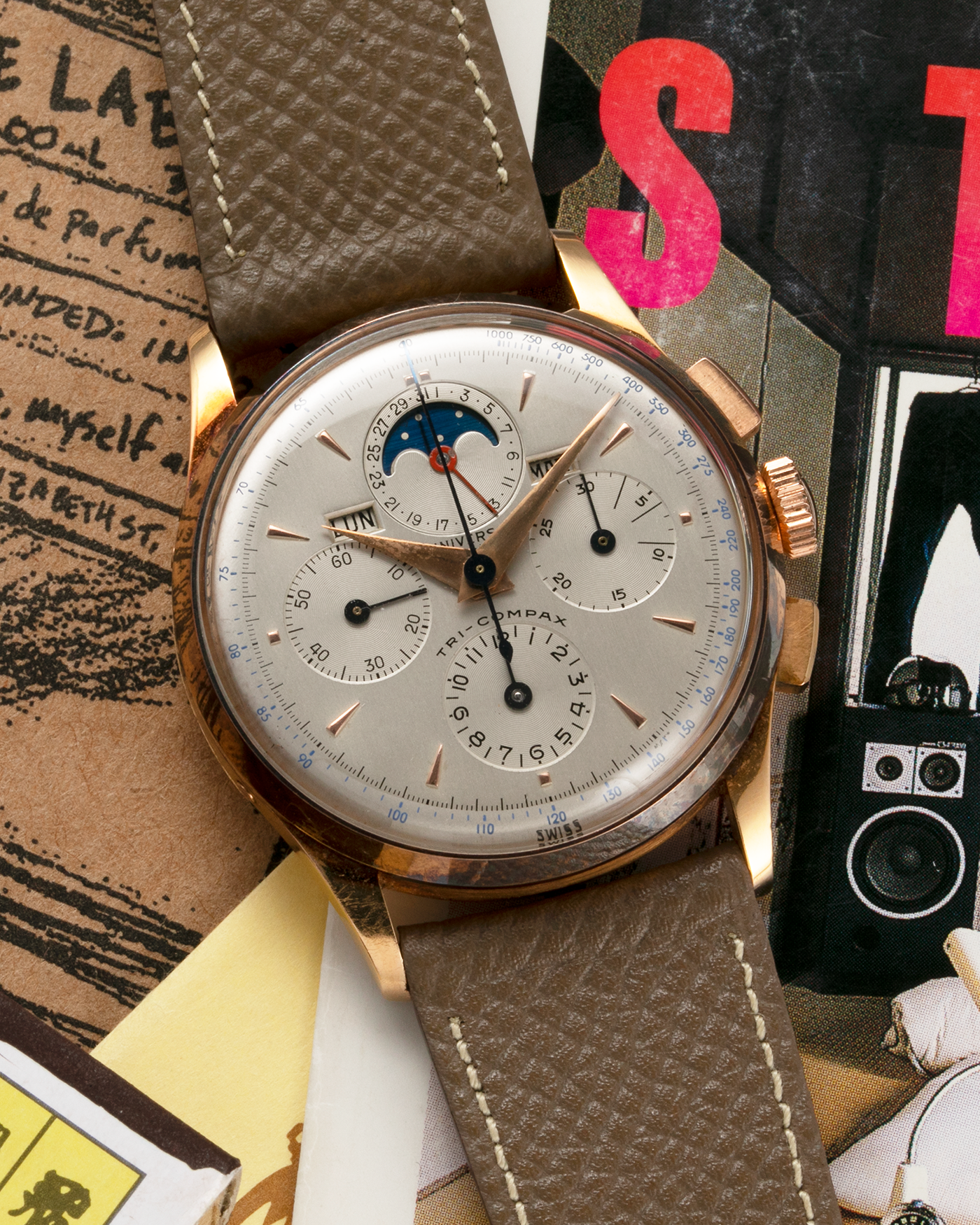 Brand: Universal Genève Year: 1950’s Reference Number: 12295 Material: 18-carat Yellow Gold Movement: Cal. 481, Manual-Winding Case Diameter: 35mm Strap: Nostime Taupe Textured Calf Strap with Generic Stainless Steel Tang Buckle
