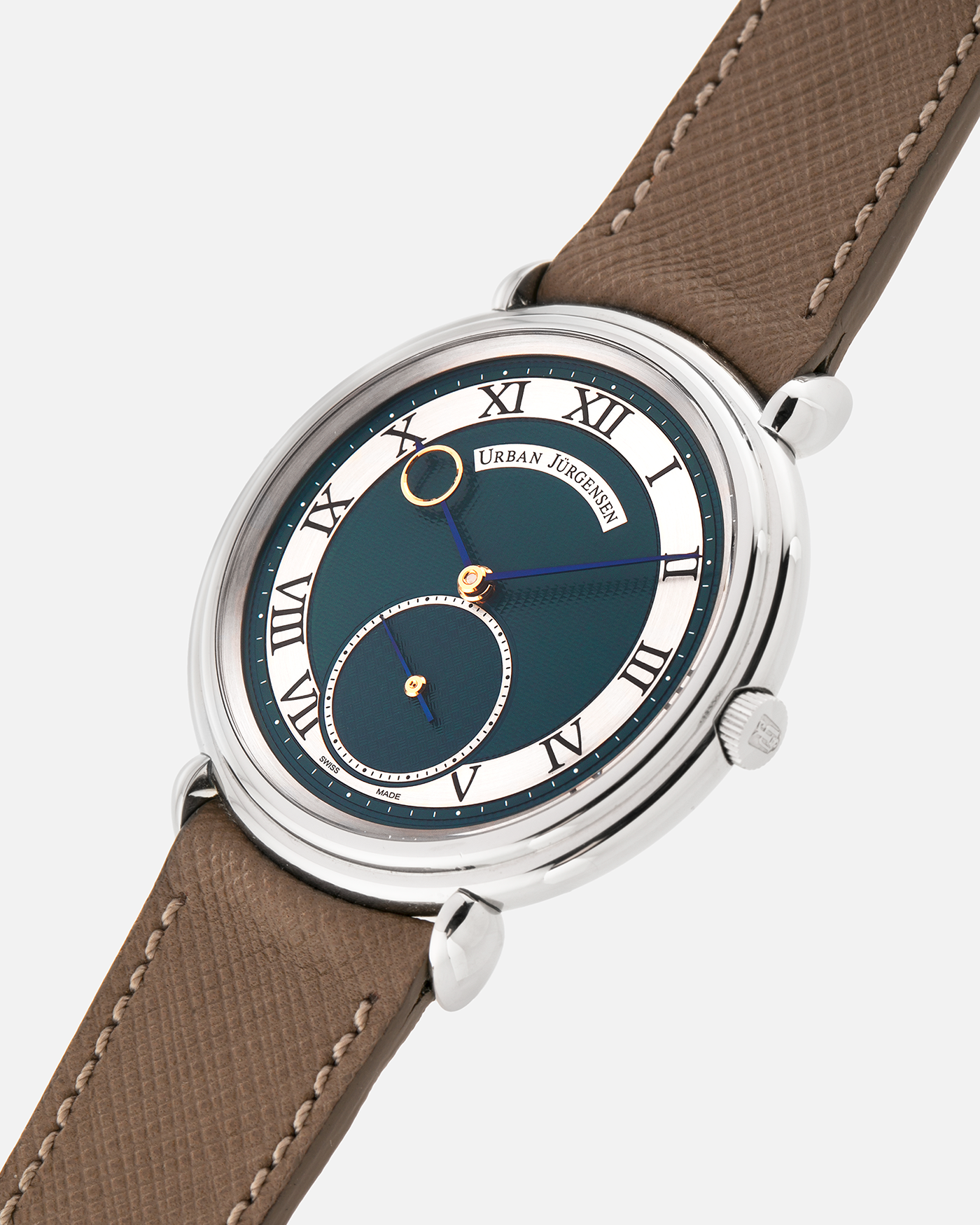 Brand: Urban Jurgensen
Year: 2020
Model: Big 8 London Edition
Material: Stainless Steel
Movement: Frederic Piguet cal. 1160
Case Diameter: 40mm Diameter 10.5mm Thickness
Strap: A Collected Man Taupe Grained Calf Strap, A Collected Man Tan Suede Strap and Urban Jurgensen Stainless Steel Tang Buckle