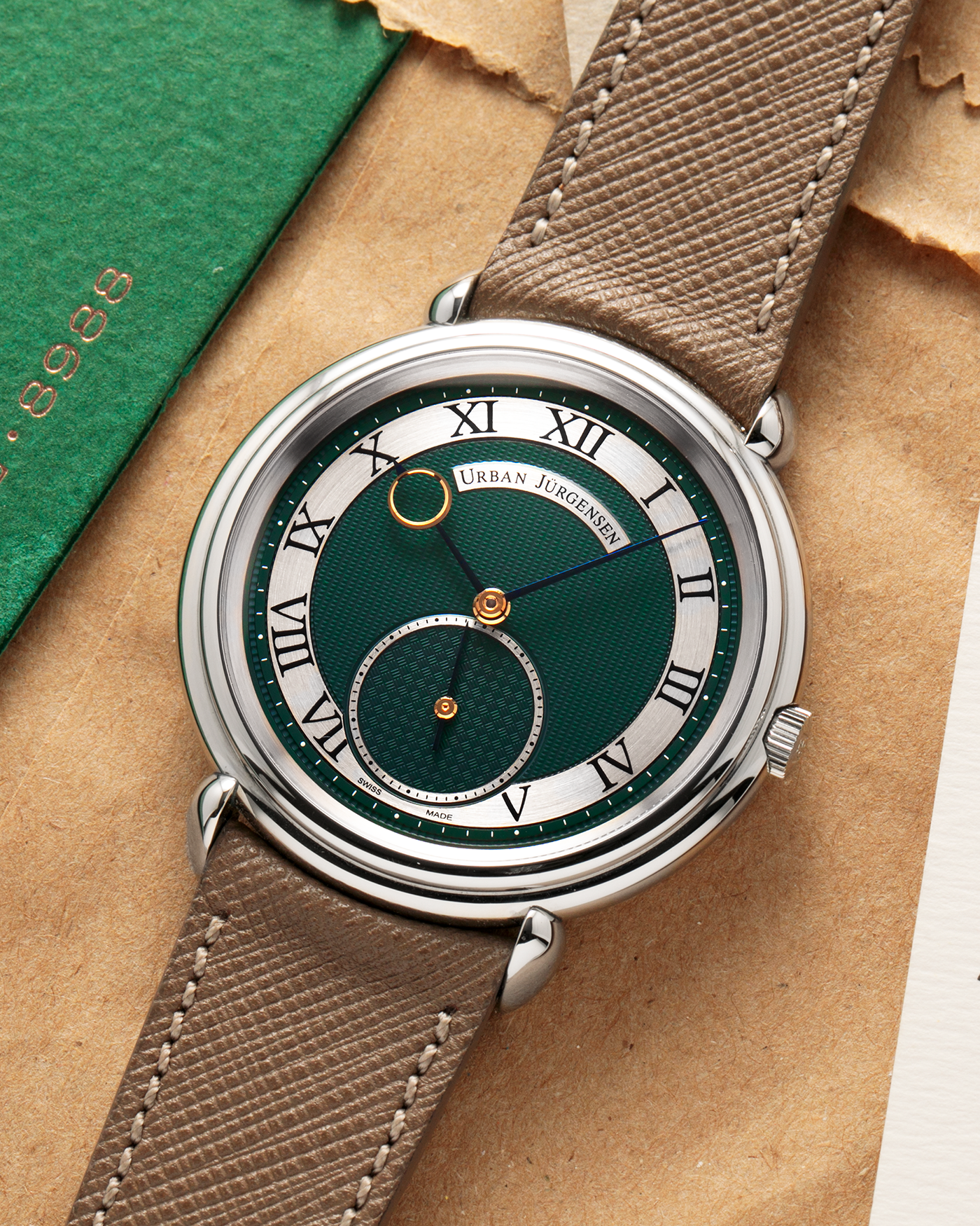 Brand: Urban Jurgensen
Year: 2020
Model: Big 8 London Edition
Material: Stainless Steel
Movement: Frederic Piguet cal. 1160
Case Diameter: 40mm Diameter 10.5mm Thickness
Strap: A Collected Man Taupe Grained Calf Strap, A Collected Man Tan Suede Strap and Urban Jurgensen Stainless Steel Tang Buckle
