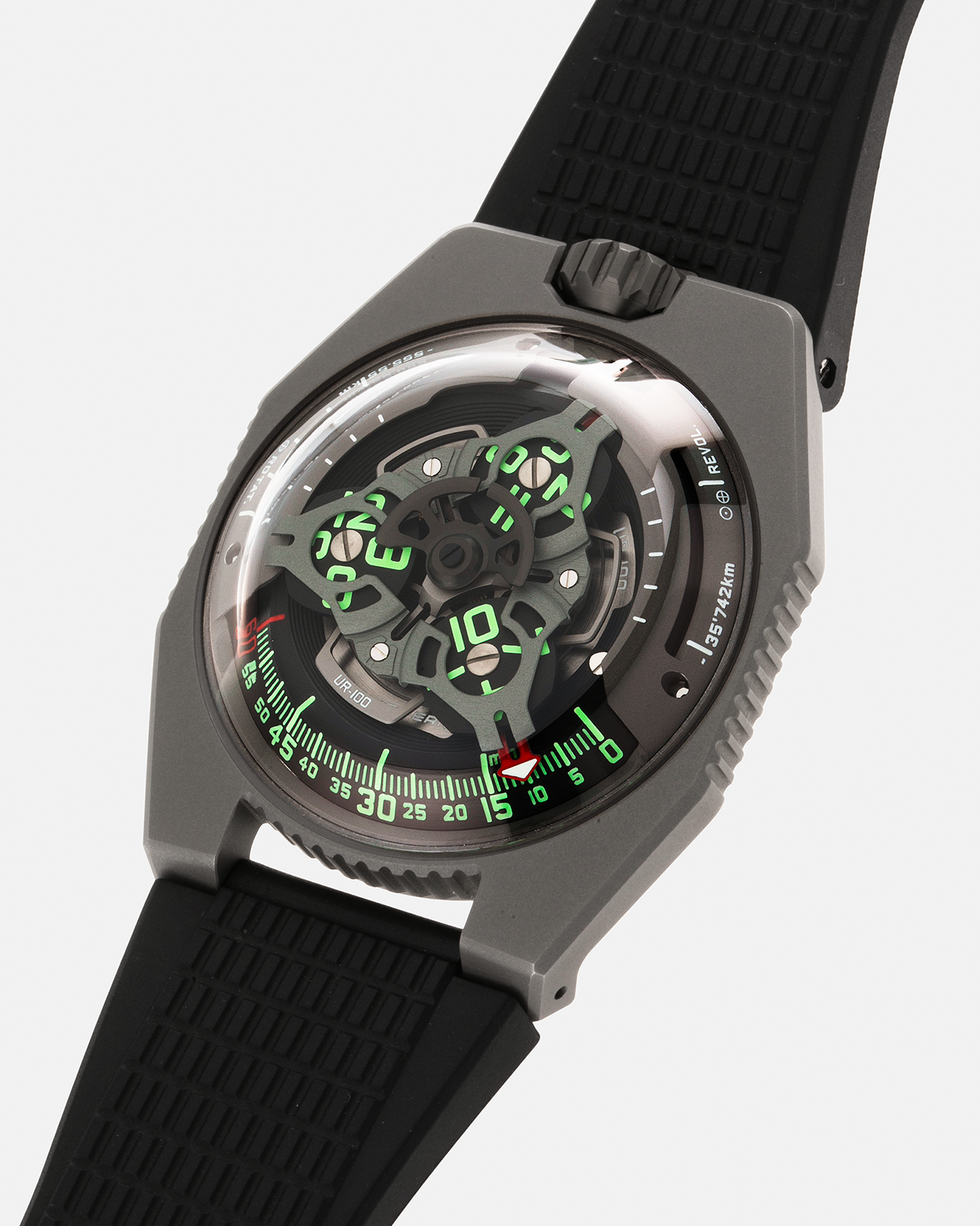 Brand: Urwerk Year: 2020 Model: UR100 GunMetal, Limited Edition of 25 Pieces Material: Titanium and Stainless-Steel Case with GunMetal PVD-Coating, ARCAP Alloy (Blend of Nickle, Copper, Cobalt and Zinc) Movement Carousell System Movement: Urwerk Cal. 12.01, Self-Winding Case Dimensions: 41mm x 14mm Strap: Urwerk Proprietary Black Rubber Strap with Signed Deployant Buckle, with additional Urwerk Proprietary Black Textile Strap