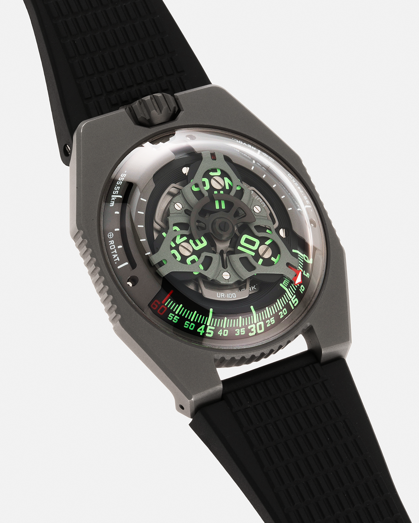 Brand: Urwerk Year: 2020 Model: UR100 GunMetal, Limited Edition of 25 Pieces Material: Titanium and Stainless-Steel Case with GunMetal PVD-Coating, ARCAP Alloy (Blend of Nickle, Copper, Cobalt and Zinc) Movement Carousell System Movement: Urwerk Cal. 12.01, Self-Winding Case Dimensions: 41mm x 14mm Strap: Urwerk Proprietary Black Rubber Strap with Signed Deployant Buckle, with additional Urwerk Proprietary Black Textile Strap