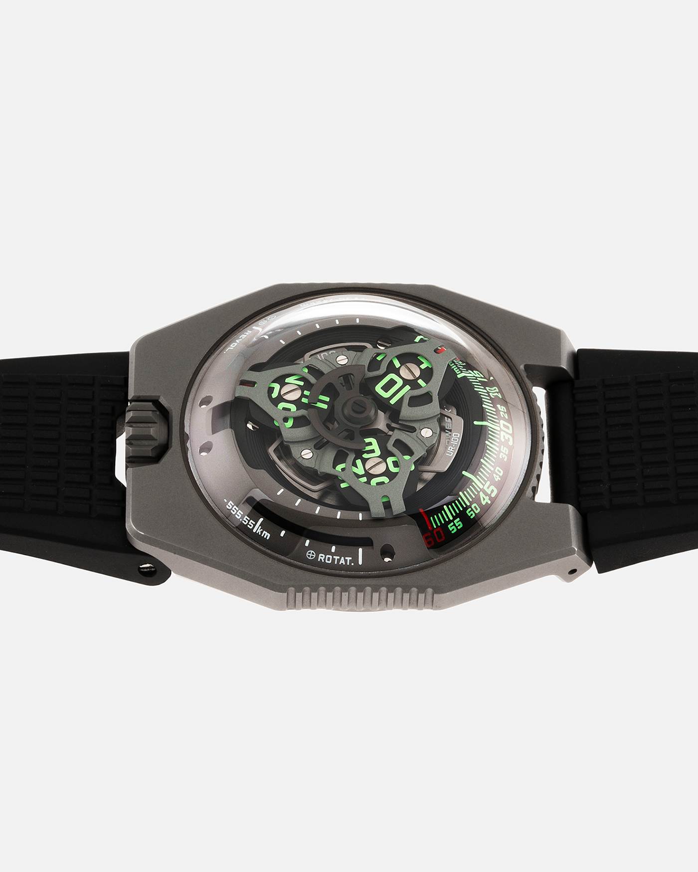 Brand: Urwerk Year: 2020 Model: UR100 GunMetal, Limited Edition of 25 Pieces Material: Titanium and Stainless-Steel Case with GunMetal PVD-Coating, ARCAP Alloy (Blend of Nickle, Copper, Cobalt and Zinc) Movement Carousell System Movement: Urwerk Cal. 12.01, Self-Winding Case Dimensions: 41mm x 14mm Strap: Urwerk Proprietary Black Rubber Strap with Signed Deployant Buckle, with additional Urwerk Proprietary Black Textile Strap