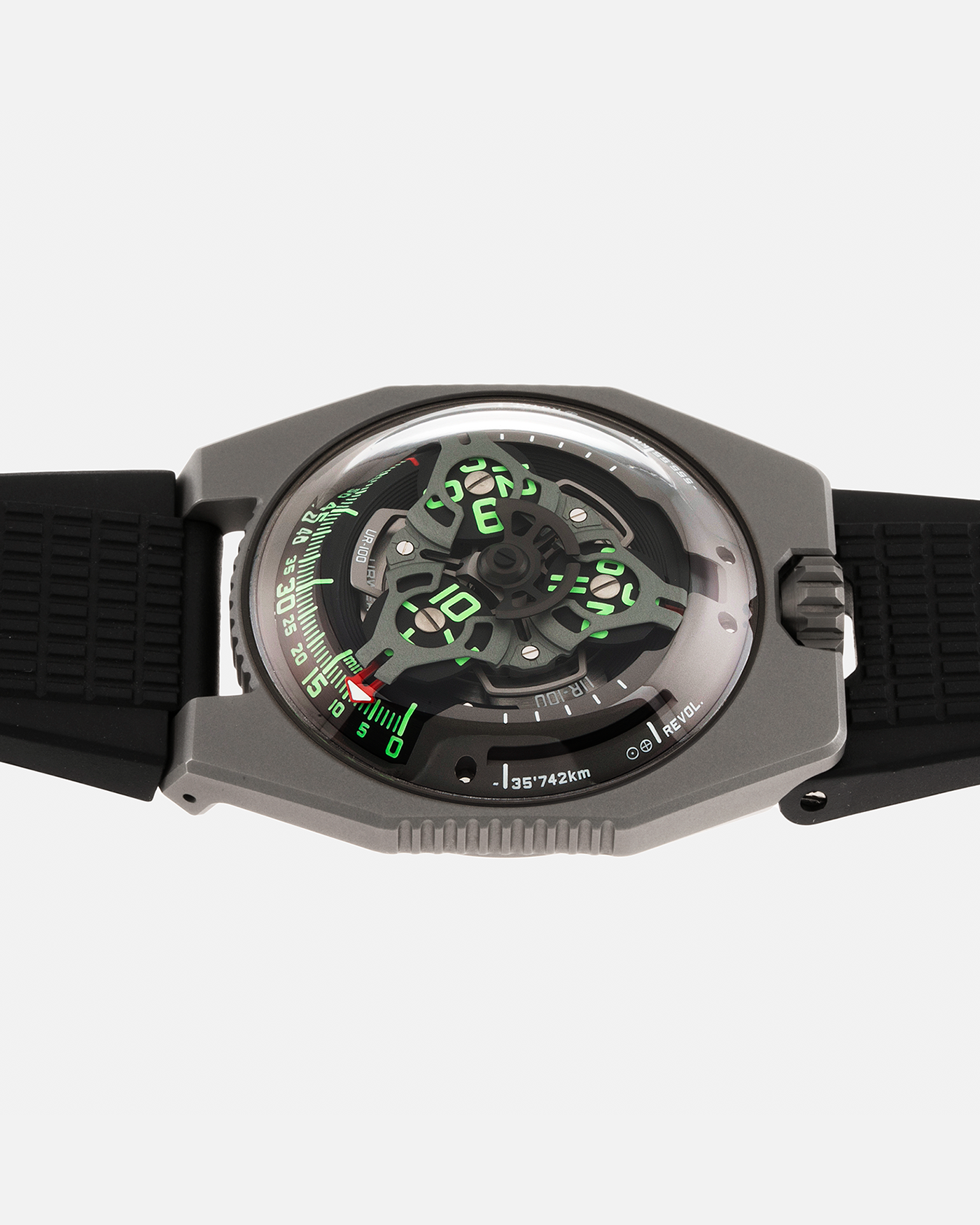 Brand: Urwerk Year: 2020 Model: UR100 GunMetal, Limited Edition of 25 Pieces Material: Titanium and Stainless-Steel Case with GunMetal PVD-Coating, ARCAP Alloy (Blend of Nickle, Copper, Cobalt and Zinc) Movement Carousell System Movement: Urwerk Cal. 12.01, Self-Winding Case Dimensions: 41mm x 14mm Strap: Urwerk Proprietary Black Rubber Strap with Signed Deployant Buckle, with additional Urwerk Proprietary Black Textile Strap