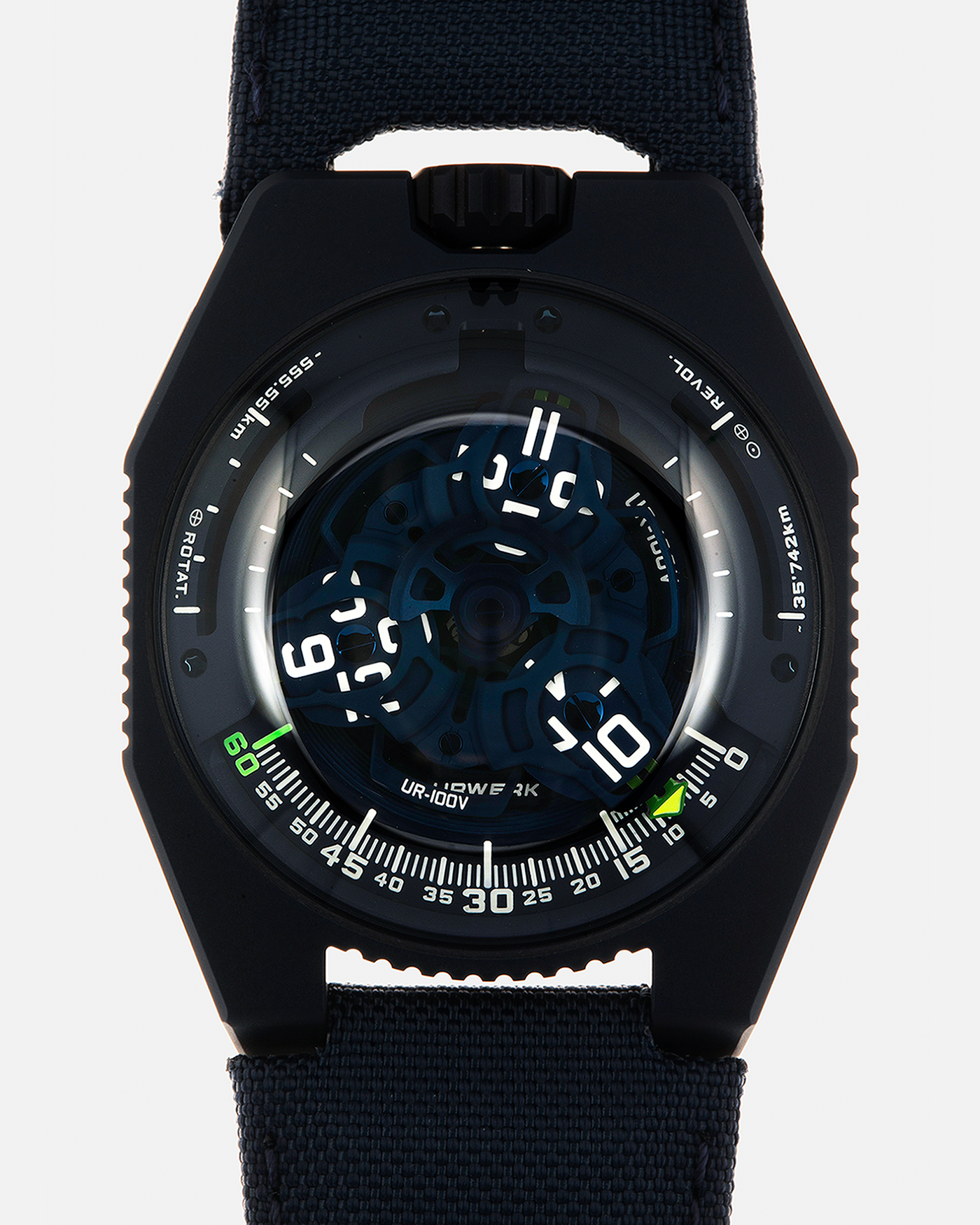 Brand: Urwerk Year: 2021 Model: UR100V Blue Planet, Limited Edition of 25 Pieces  Material: PVD-Coated Titanium Movement: Urwerk Cal. 12.01, Self-Winding Case Diameter: 41mm Strap: Urwerk Army Blue Textile Strap with Signed PVD-Coated Titanium Tang Buckle
