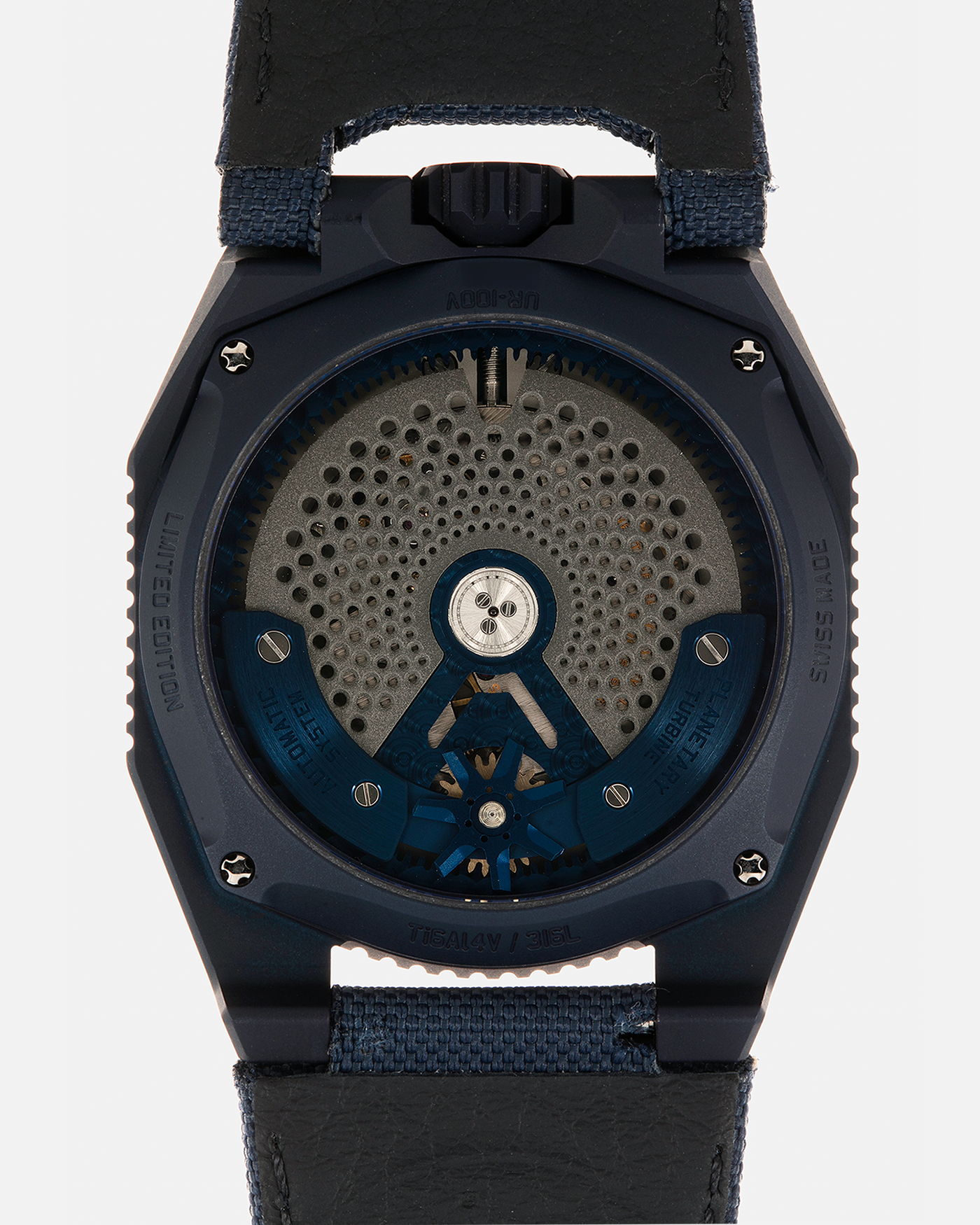 Brand: Urwerk Year: 2021 Model: UR100V Blue Planet, Limited Edition of 25 Pieces  Material: PVD-Coated Titanium Movement: Urwerk Cal. 12.01, Self-Winding Case Diameter: 41mm Strap: Urwerk Army Blue Textile Strap with Signed PVD-Coated Titanium Tang Buckle
