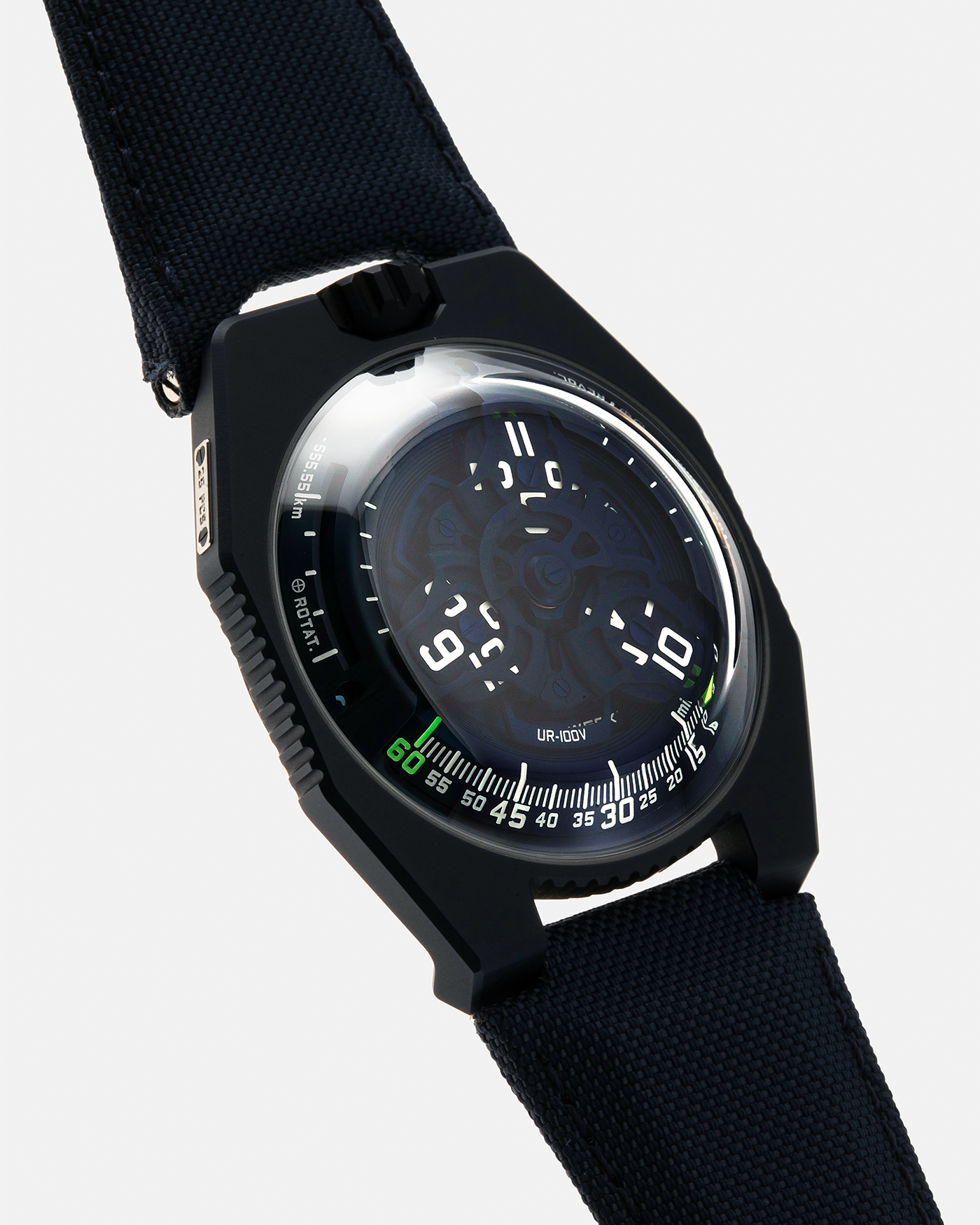 Brand: Urwerk Year: 2021 Model: UR100V Blue Planet, Limited Edition of 25 Pieces  Material: PVD-Coated Titanium Movement: Urwerk Cal. 12.01, Self-Winding Case Diameter: 41mm Strap: Urwerk Army Blue Textile Strap with Signed PVD-Coated Titanium Tang Buckle
