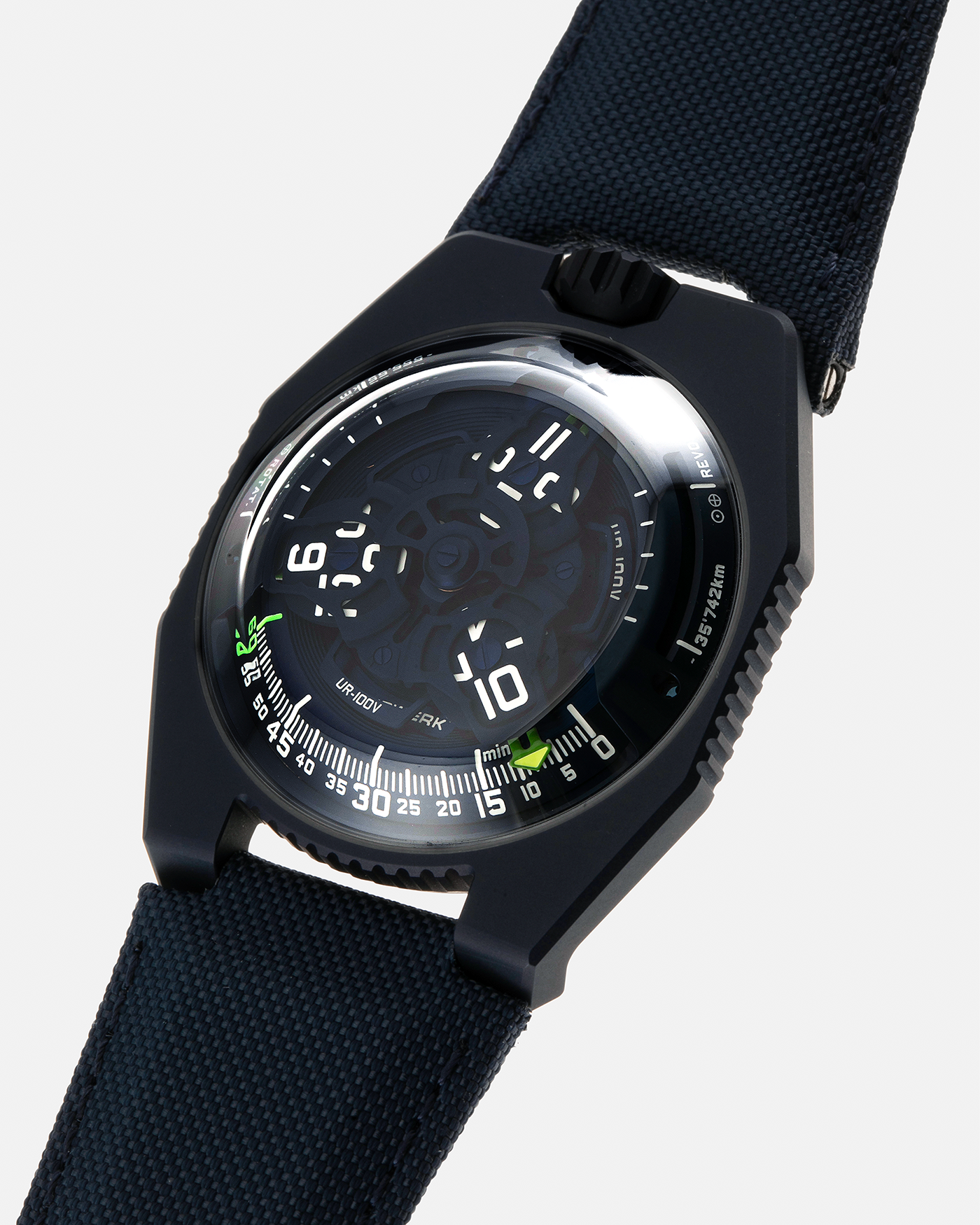 Brand: Urwerk Year: 2021 Model: UR100V Blue Planet, Limited Edition of 25 Pieces  Material: PVD-Coated Titanium Movement: Urwerk Cal. 12.01, Self-Winding Case Diameter: 41mm Strap: Urwerk Army Blue Textile Strap with Signed PVD-Coated Titanium Tang Buckle