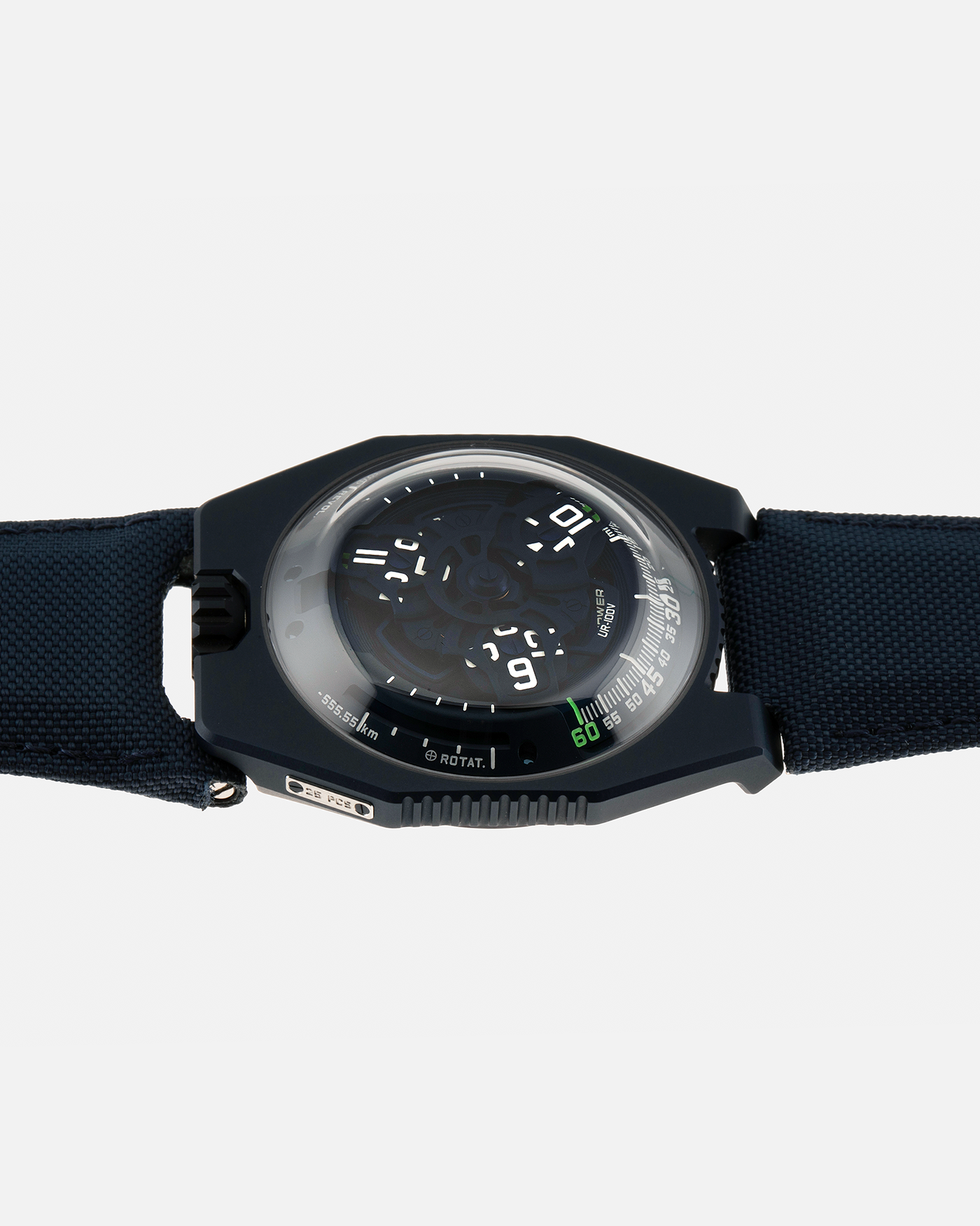 Brand: Urwerk Year: 2021 Model: UR100V Blue Planet, Limited Edition of 25 Pieces  Material: PVD-Coated Titanium Movement: Urwerk Cal. 12.01, Self-Winding Case Diameter: 41mm Strap: Urwerk Army Blue Textile Strap with Signed PVD-Coated Titanium Tang Buckle