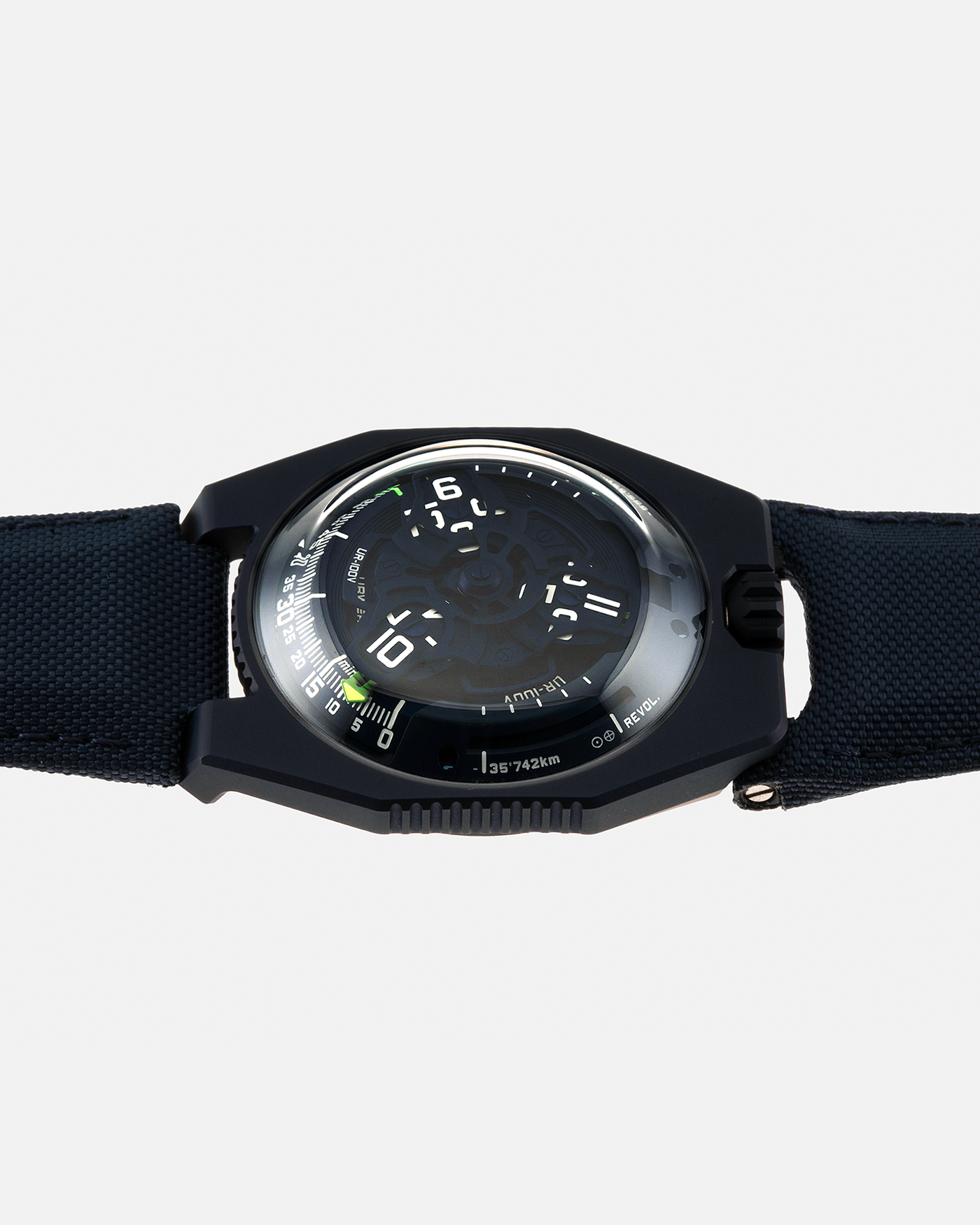 Brand: Urwerk Year: 2021 Model: UR100V Blue Planet, Limited Edition of 25 Pieces  Material: PVD-Coated Titanium Movement: Urwerk Cal. 12.01, Self-Winding Case Diameter: 41mm Strap: Urwerk Army Blue Textile Strap with Signed PVD-Coated Titanium Tang Buckle