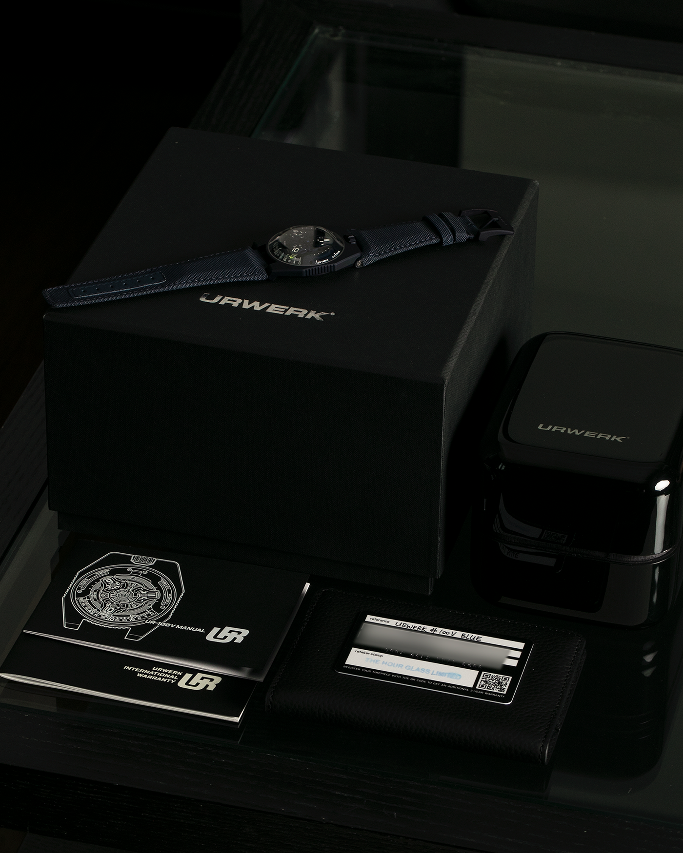 Brand: Urwerk Year: 2021 Model: UR100V Blue Planet, Limited Edition of 25 Pieces  Material: PVD-Coated Titanium Movement: Urwerk Cal. 12.01, Self-Winding Case Diameter: 41mm Strap: Urwerk Army Blue Textile Strap with Signed PVD-Coated Titanium Tang Buckle