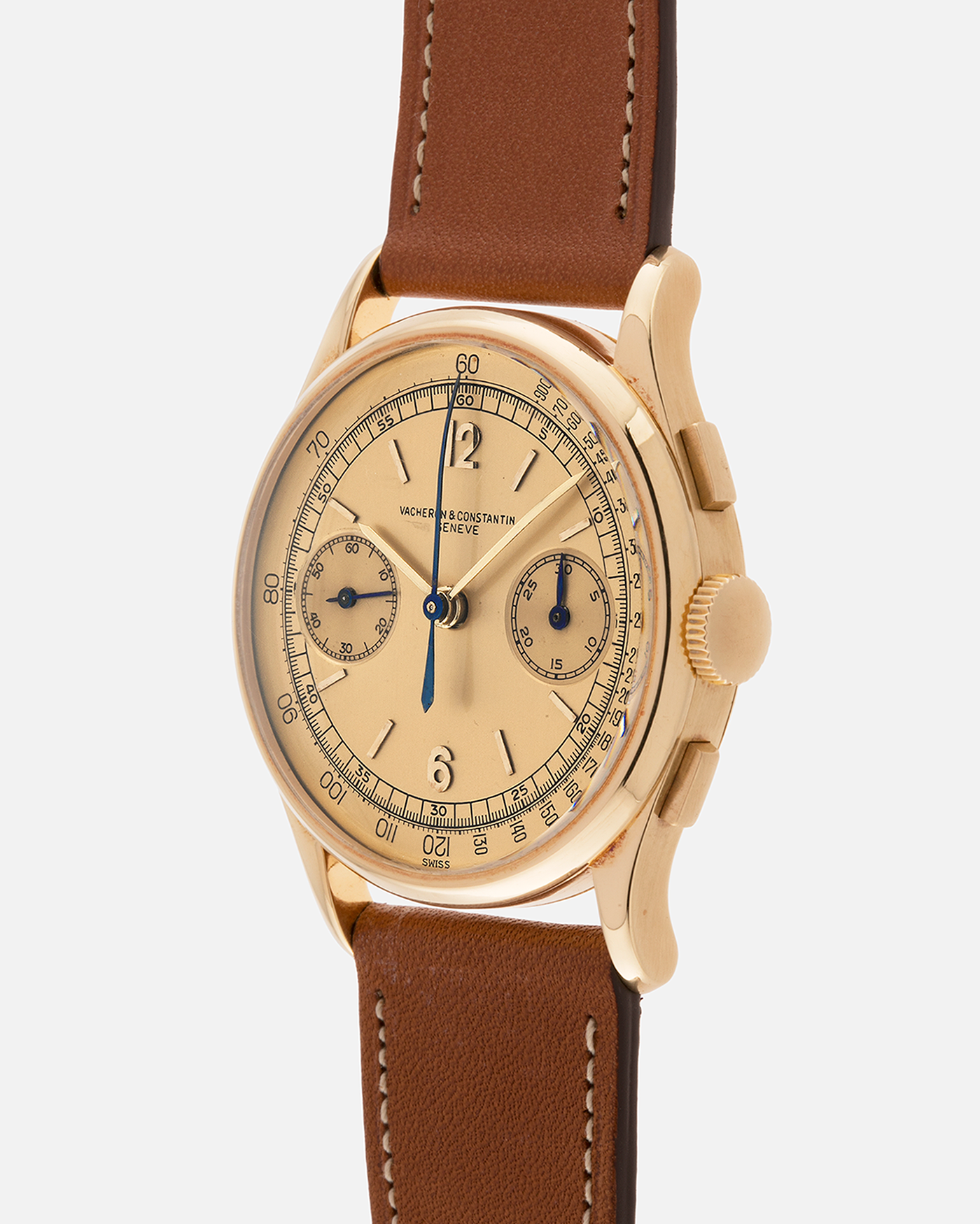 Brand: Vacheron Constantin
Year: 1944
Reference: 4072
Material: 18k Yellow Gold
Movement: Vacheron Constantin Cal. 434 (Valjoux 23)
Movement Number: 437558
Case Number: 285547
Case Dimensions: 35mm Diameter XXX Thickness
Straps: Nostime Brown Calf Leather Strap and Generic Tang Buckle