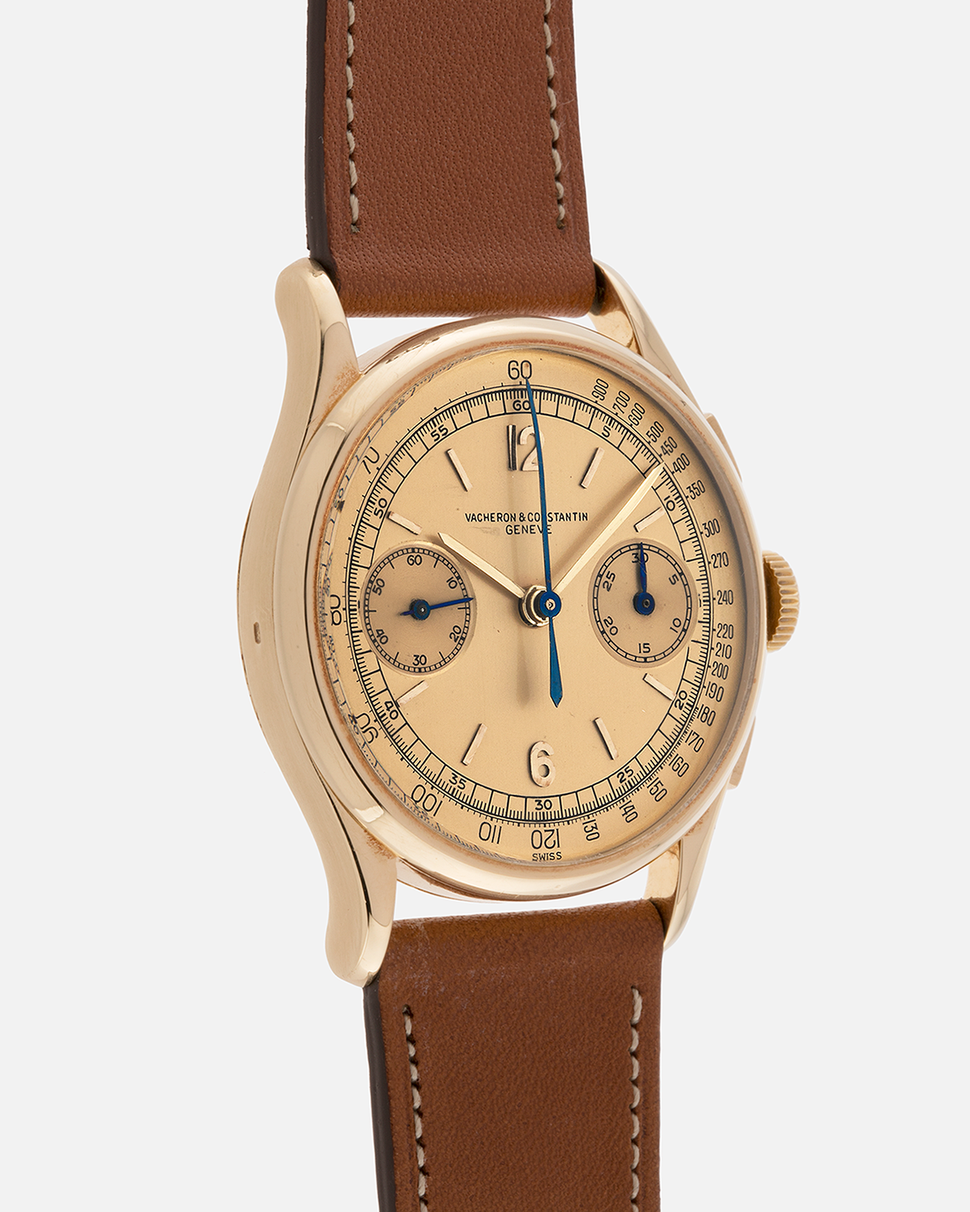 Brand: Vacheron Constantin
Year: 1944
Reference: 4072
Material: 18k Yellow Gold
Movement: Vacheron Constantin Cal. 434 (Valjoux 23)
Movement Number: 437558
Case Number: 285547
Case Dimensions: 35mm Diameter XXX Thickness
Straps: Nostime Brown Calf Leather Strap and Generic Tang Buckle
