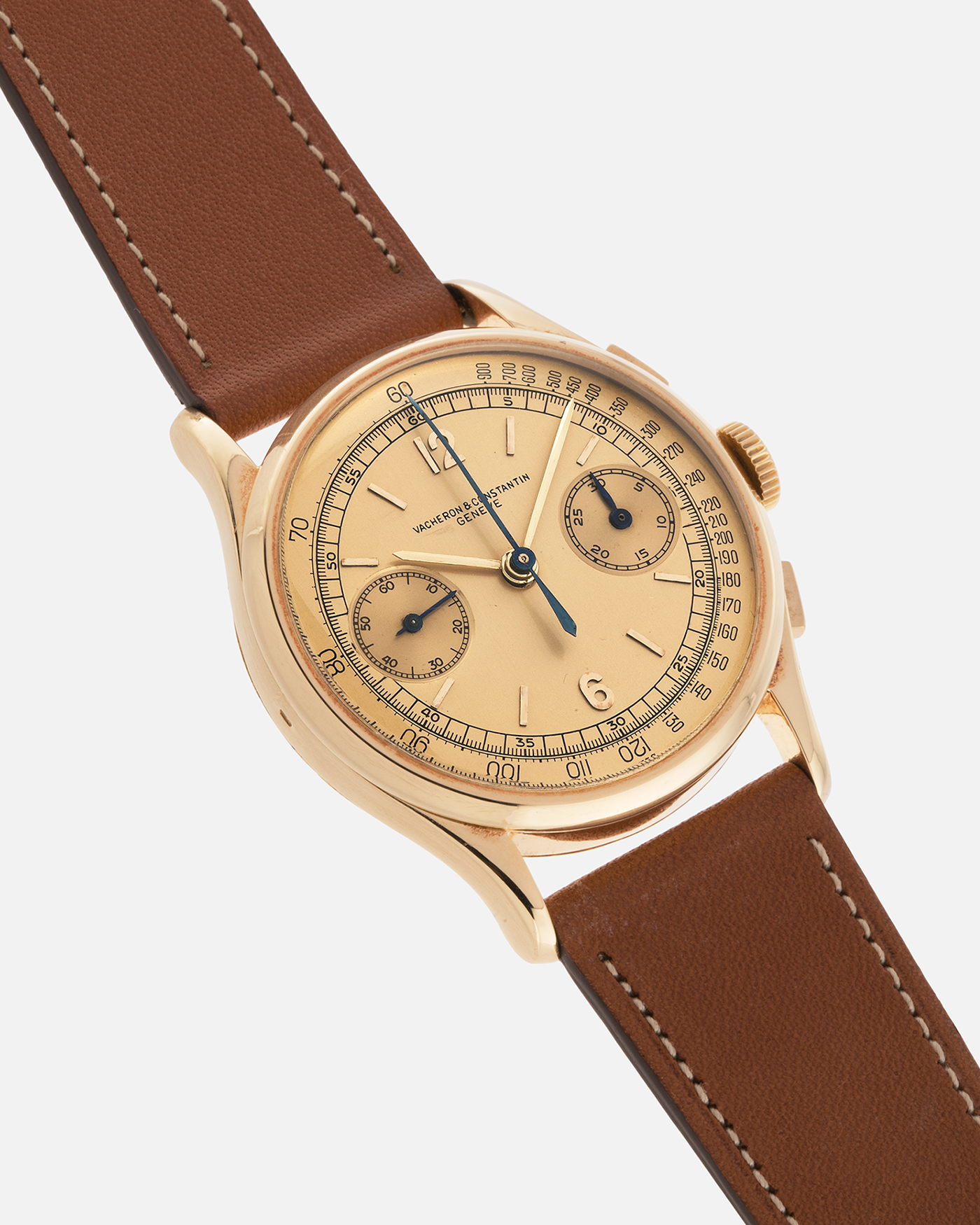 Brand: Vacheron Constantin
Year: 1944
Reference: 4072
Material: 18k Yellow Gold
Movement: Vacheron Constantin Cal. 434 (Valjoux 23)
Movement Number: 437558
Case Number: 285547
Case Dimensions: 35mm Diameter XXX Thickness
Straps: Nostime Brown Calf Leather Strap and Generic Tang Buckle