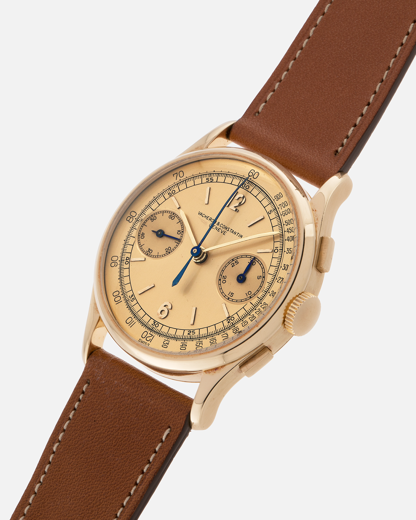 Brand: Vacheron Constantin
Year: 1944
Reference: 4072
Material: 18k Yellow Gold
Movement: Vacheron Constantin Cal. 434 (Valjoux 23)
Movement Number: 437558
Case Number: 285547
Case Dimensions: 35mm Diameter XXX Thickness
Straps: Nostime Brown Calf Leather Strap and Generic Tang Buckle