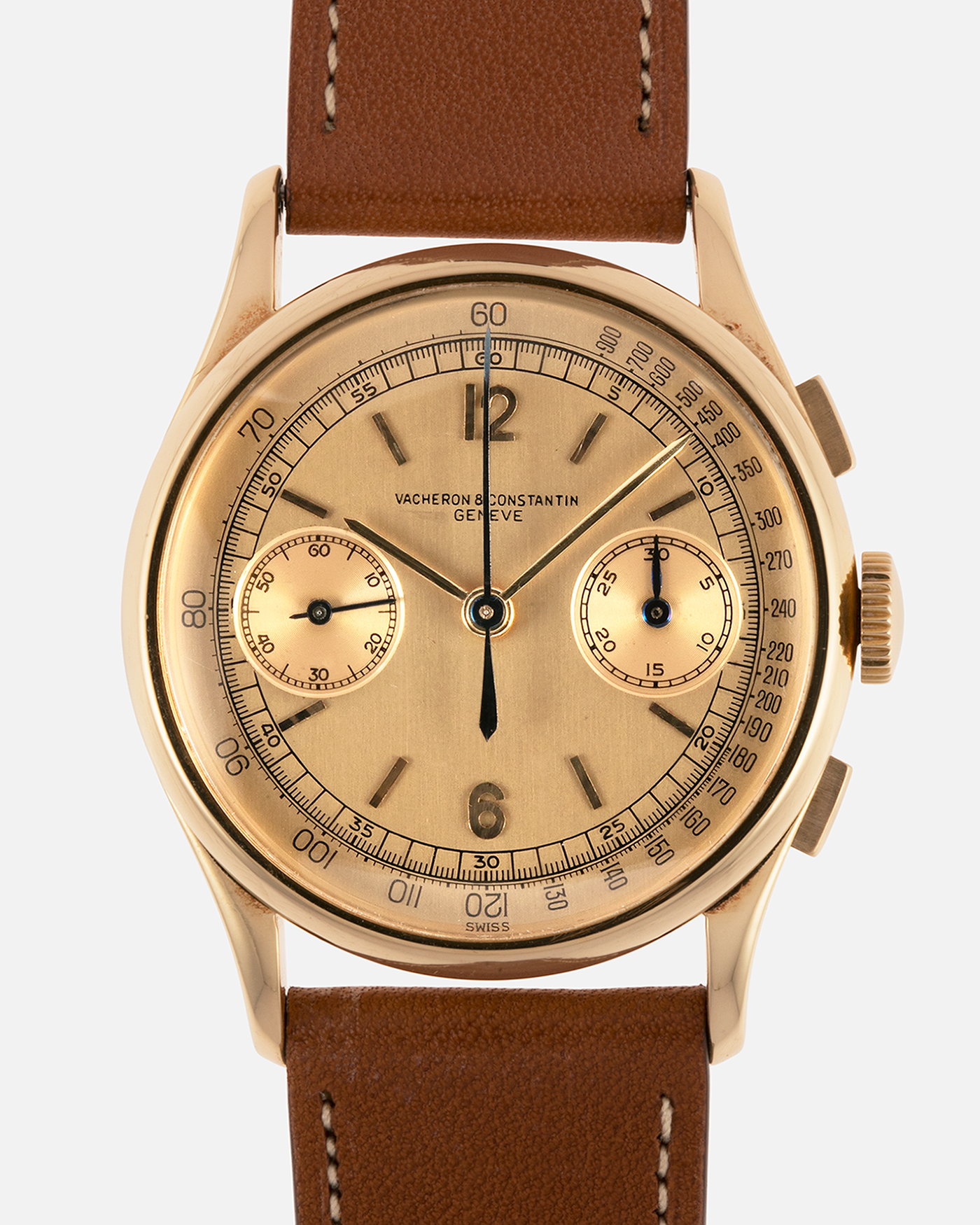 Brand: Vacheron Constantin
Year: 1944
Reference: 4072
Material: 18k Yellow Gold
Movement: Vacheron Constantin Cal. 434 (Valjoux 23)
Movement Number: 437558
Case Number: 285547
Case Dimensions: 35mm Diameter XXX Thickness
Straps: Nostime Brown Calf Leather Strap and Generic Tang Buckle