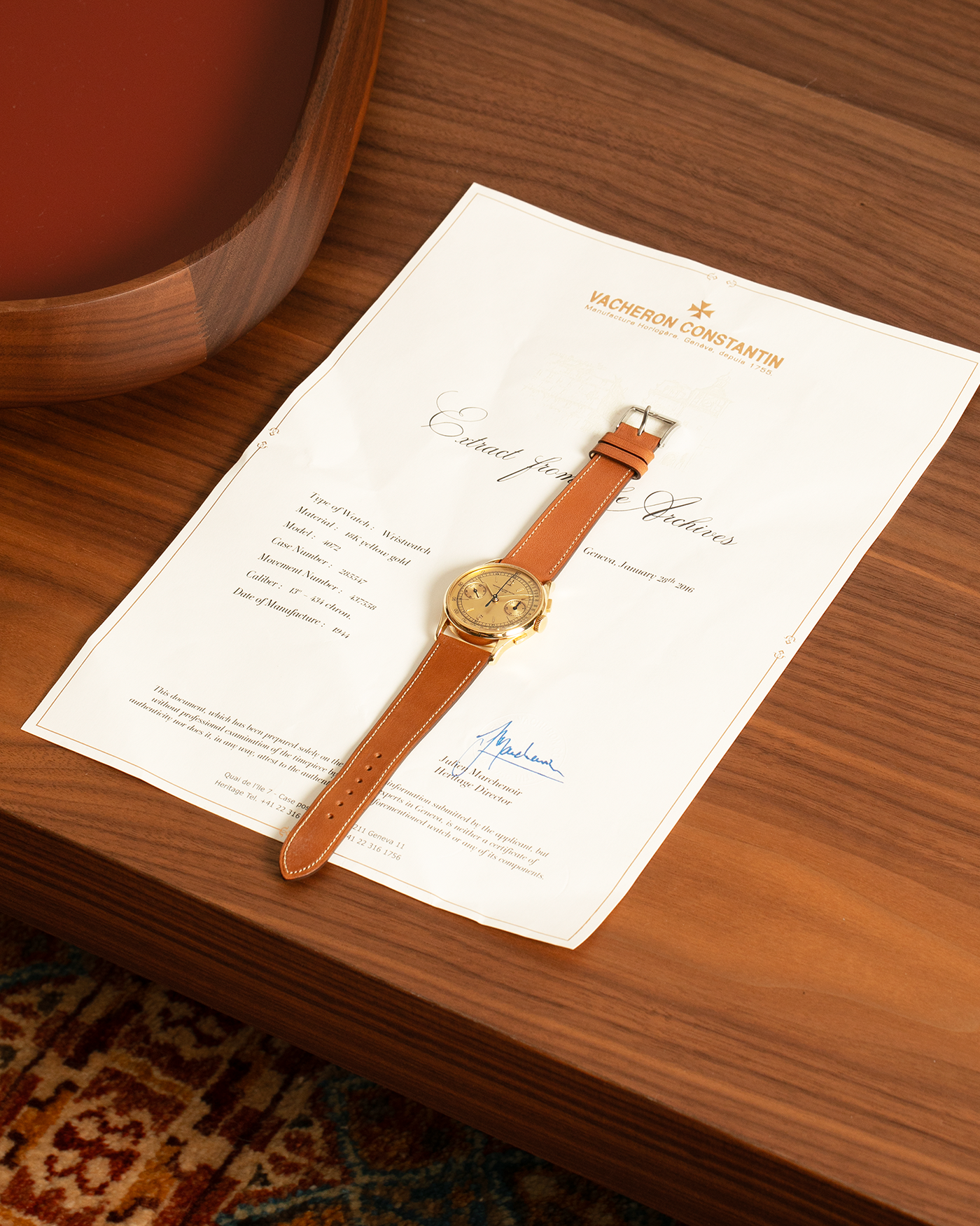 Brand: Vacheron Constantin
Year: 1944
Reference: 4072
Material: 18k Yellow Gold
Movement: Vacheron Constantin Cal. 434 (Valjoux 23)
Movement Number: 437558
Case Number: 285547
Case Dimensions: 35mm Diameter XXX Thickness
Straps: Nostime Brown Calf Leather Strap and Generic Tang Buckle