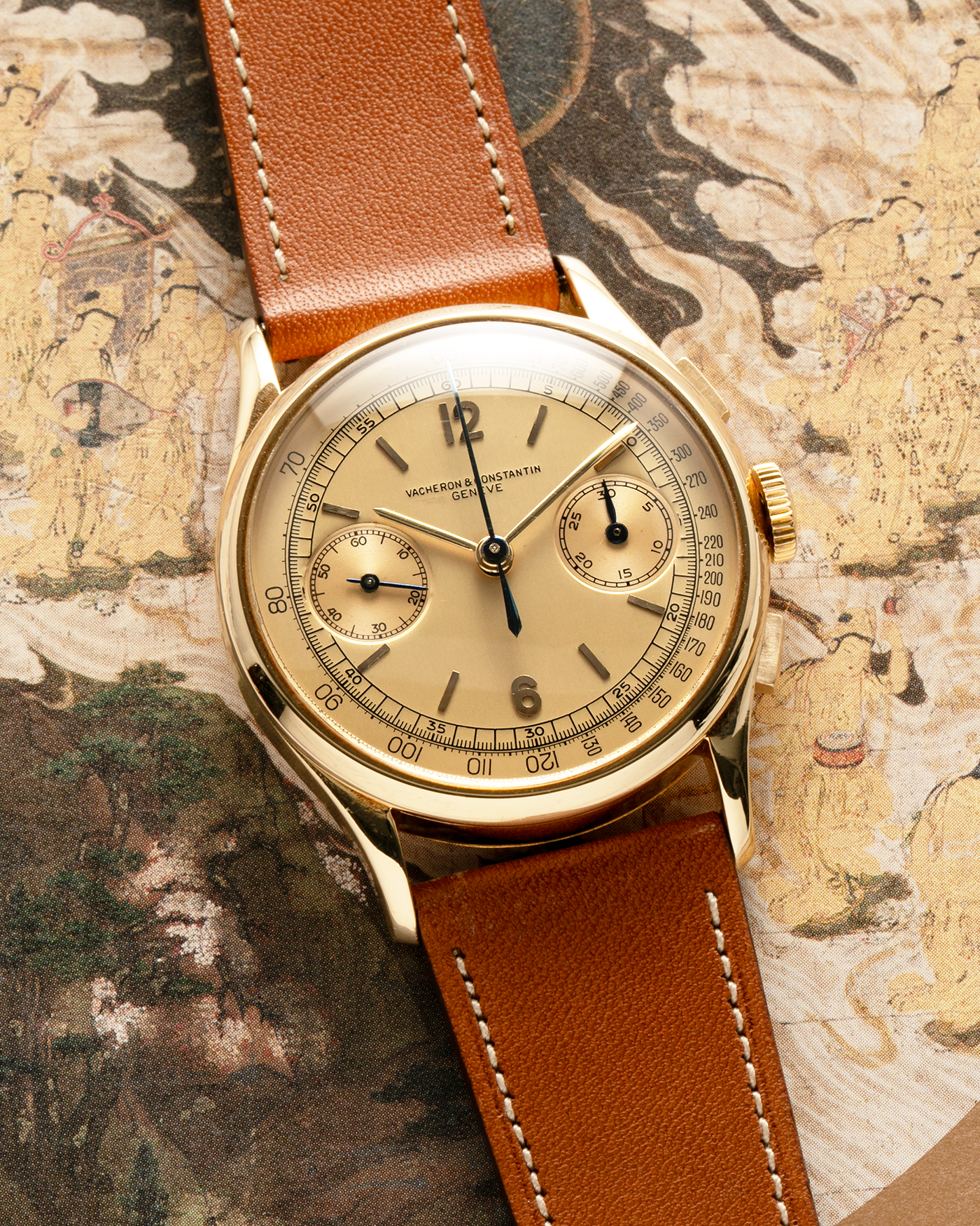 Brand: Vacheron Constantin
Year: 1944
Reference: 4072
Material: 18k Yellow Gold
Movement: Vacheron Constantin Cal. 434 (Valjoux 23)
Movement Number: 437558
Case Number: 285547
Case Dimensions: 35mm Diameter XXX Thickness
Straps: Nostime Brown Calf Leather Strap and Generic Tang Buckle