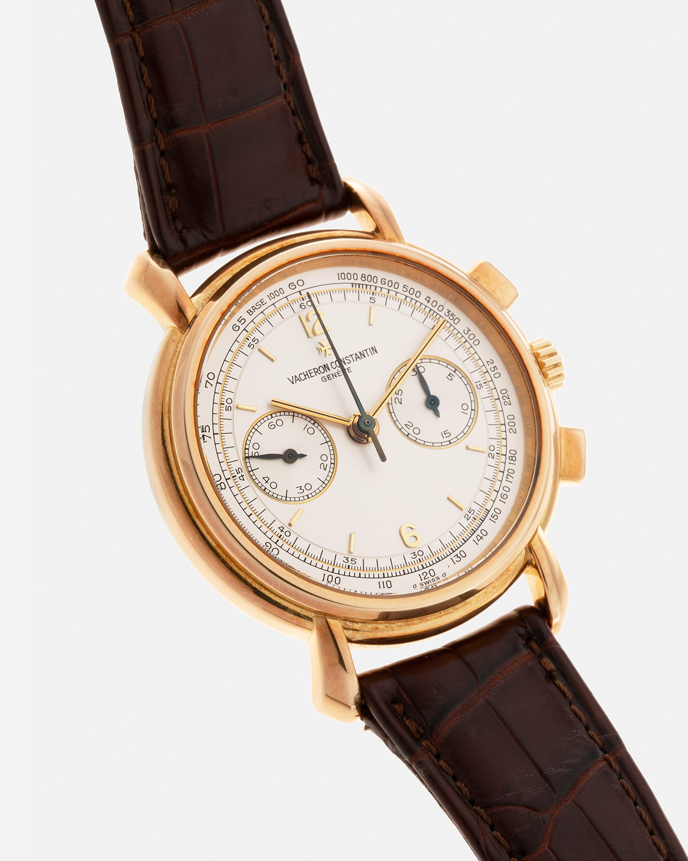 Brand: Vacheron Constantin Year: 2001 Model: Les Historiques Chronograph  Reference Number: 47101 Material: 18-carat Yellow Gold Movement: Lemania 2320 Based Cal. 1141, Manual-Winding Case Diameter: 37mm Strap: Vacheron Constantin Alligator Brown Leather Strap with Signed 18-carat Yellow Gold Tang Buckle