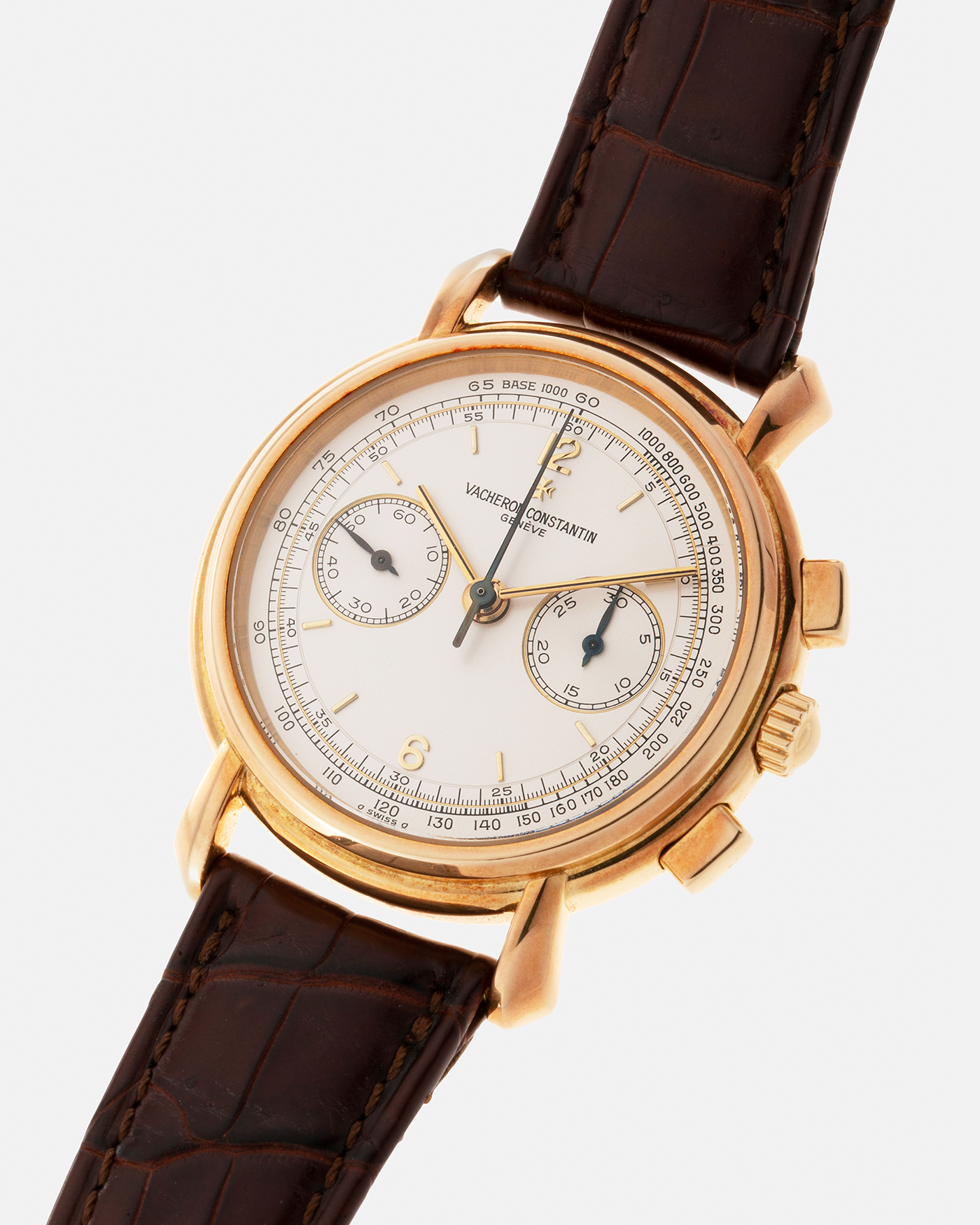 Brand: Vacheron Constantin Year: 2001 Model: Les Historiques Chronograph  Reference Number: 47101 Material: 18-carat Yellow Gold Movement: Lemania 2320 Based Cal. 1141, Manual-Winding Case Diameter: 37mm Strap: Vacheron Constantin Alligator Brown Leather Strap with Signed 18-carat Yellow Gold Tang Buckle