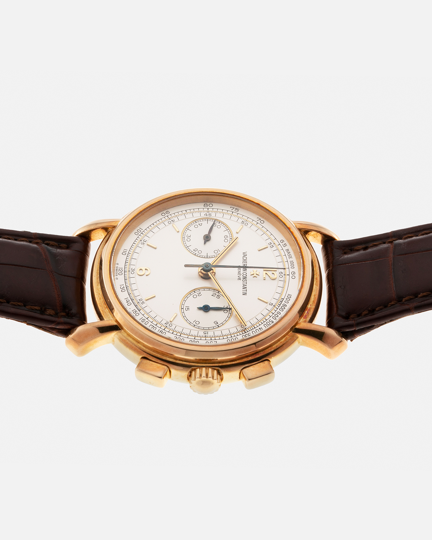 Brand: Vacheron Constantin Year: 2001 Model: Les Historiques Chronograph  Reference Number: 47101 Material: 18-carat Yellow Gold Movement: Lemania 2320 Based Cal. 1141, Manual-Winding Case Diameter: 37mm Strap: Vacheron Constantin Alligator Brown Leather Strap with Signed 18-carat Yellow Gold Tang Buckle