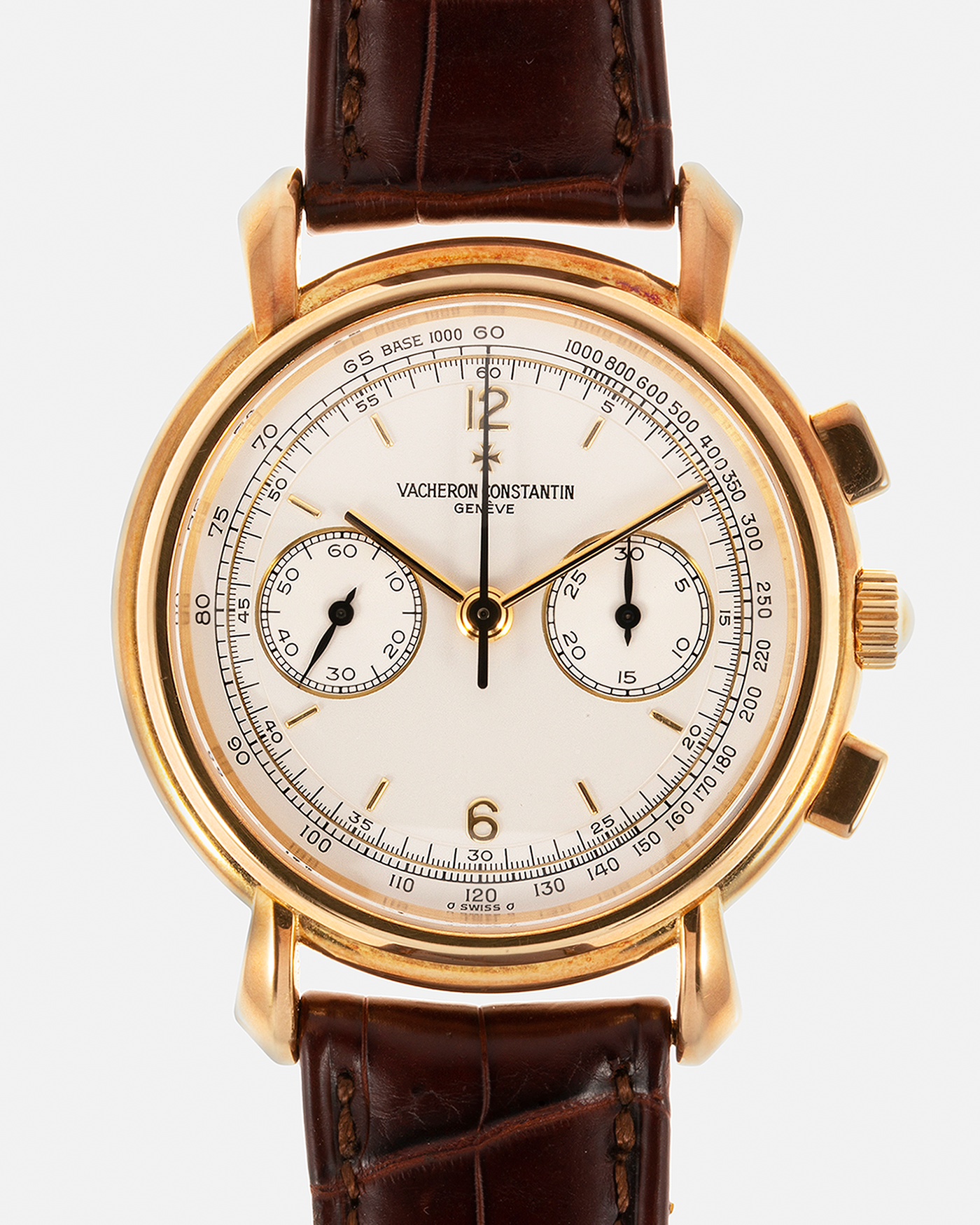Brand: Vacheron Constantin Year: 2001 Model: Les Historiques Chronograph  Reference Number: 47101 Material: 18-carat Yellow Gold Movement: Lemania 2320 Based Cal. 1141, Manual-Winding Case Diameter: 37mm Strap: Vacheron Constantin Alligator Brown Leather Strap with Signed 18-carat Yellow Gold Tang Buckle