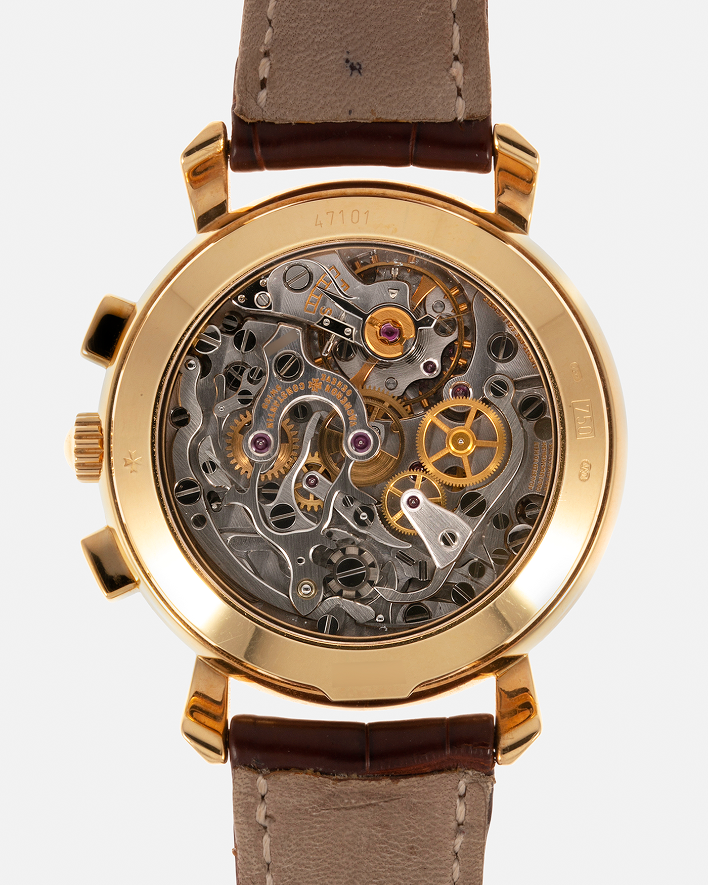 Brand: Vacheron Constantin Year: 2001 Model: Les Historiques Chronograph  Reference Number: 47101 Material: 18-carat Yellow Gold Movement: Lemania 2320 Based Cal. 1141, Manual-Winding Case Diameter: 37mm Strap: Vacheron Constantin Alligator Brown Leather Strap with Signed 18-carat Yellow Gold Tang Buckle