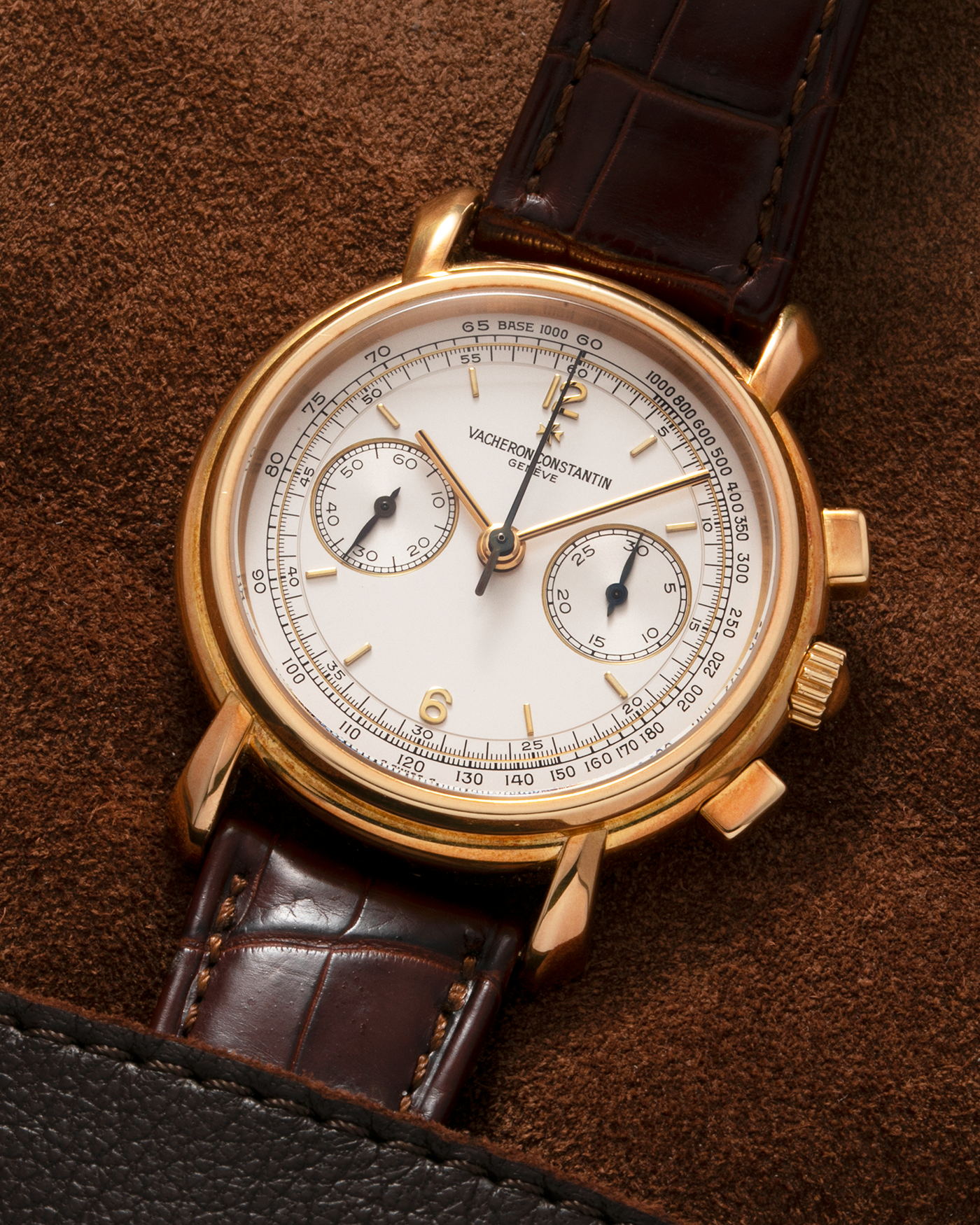 Brand: Vacheron Constantin Year: 2001 Model: Les Historiques Chronograph  Reference Number: 47101 Material: 18-carat Yellow Gold Movement: Lemania 2320 Based Cal. 1141, Manual-Winding Case Diameter: 37mm Strap: Vacheron Constantin Alligator Brown Leather Strap with Signed 18-carat Yellow Gold Tang Buckle