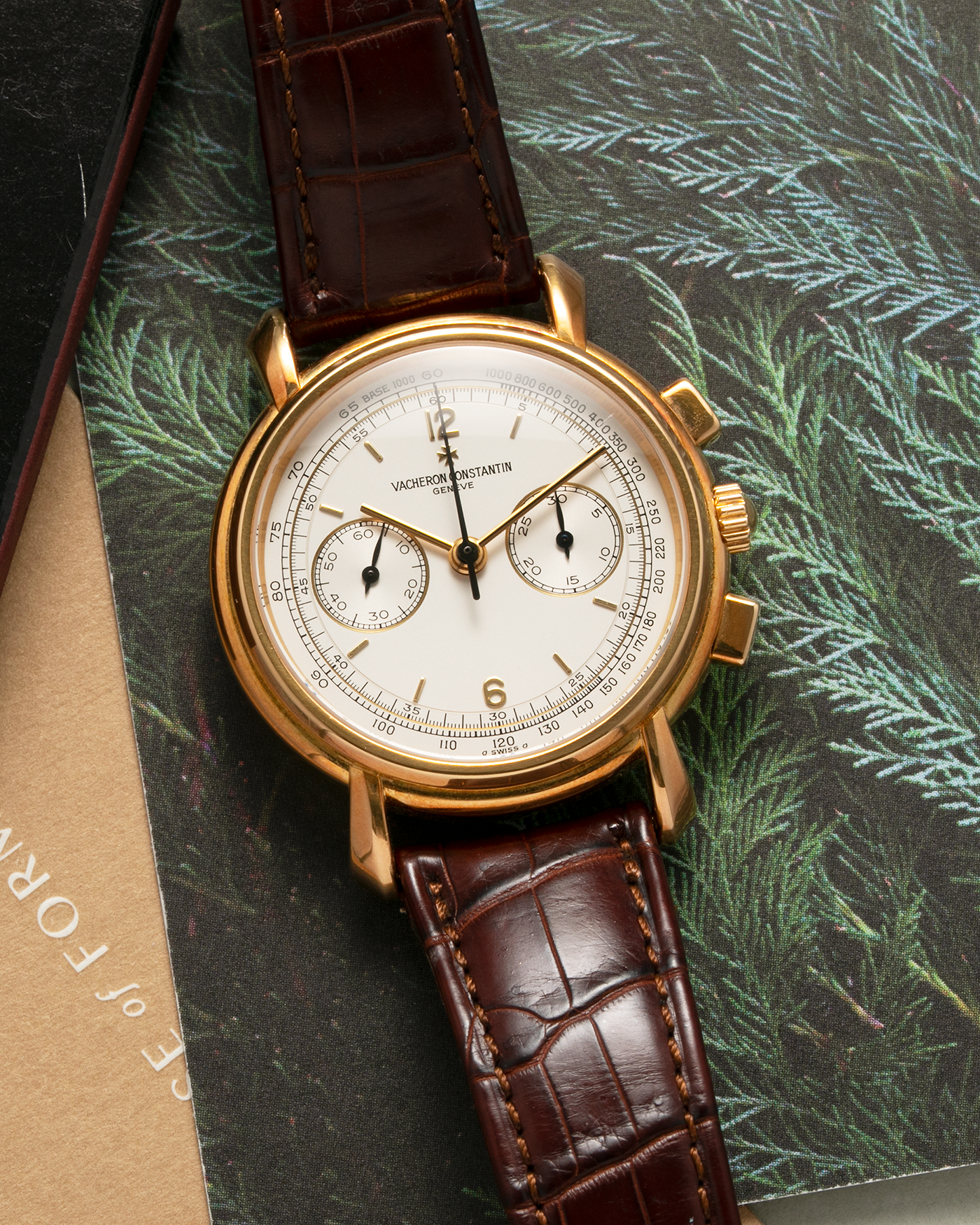 Brand: Vacheron Constantin Year: 2001 Model: Les Historiques Chronograph  Reference Number: 47101 Material: 18-carat Yellow Gold Movement: Lemania 2320 Based Cal. 1141, Manual-Winding Case Diameter: 37mm Strap: Vacheron Constantin Alligator Brown Leather Strap with Signed 18-carat Yellow Gold Tang Buckle
