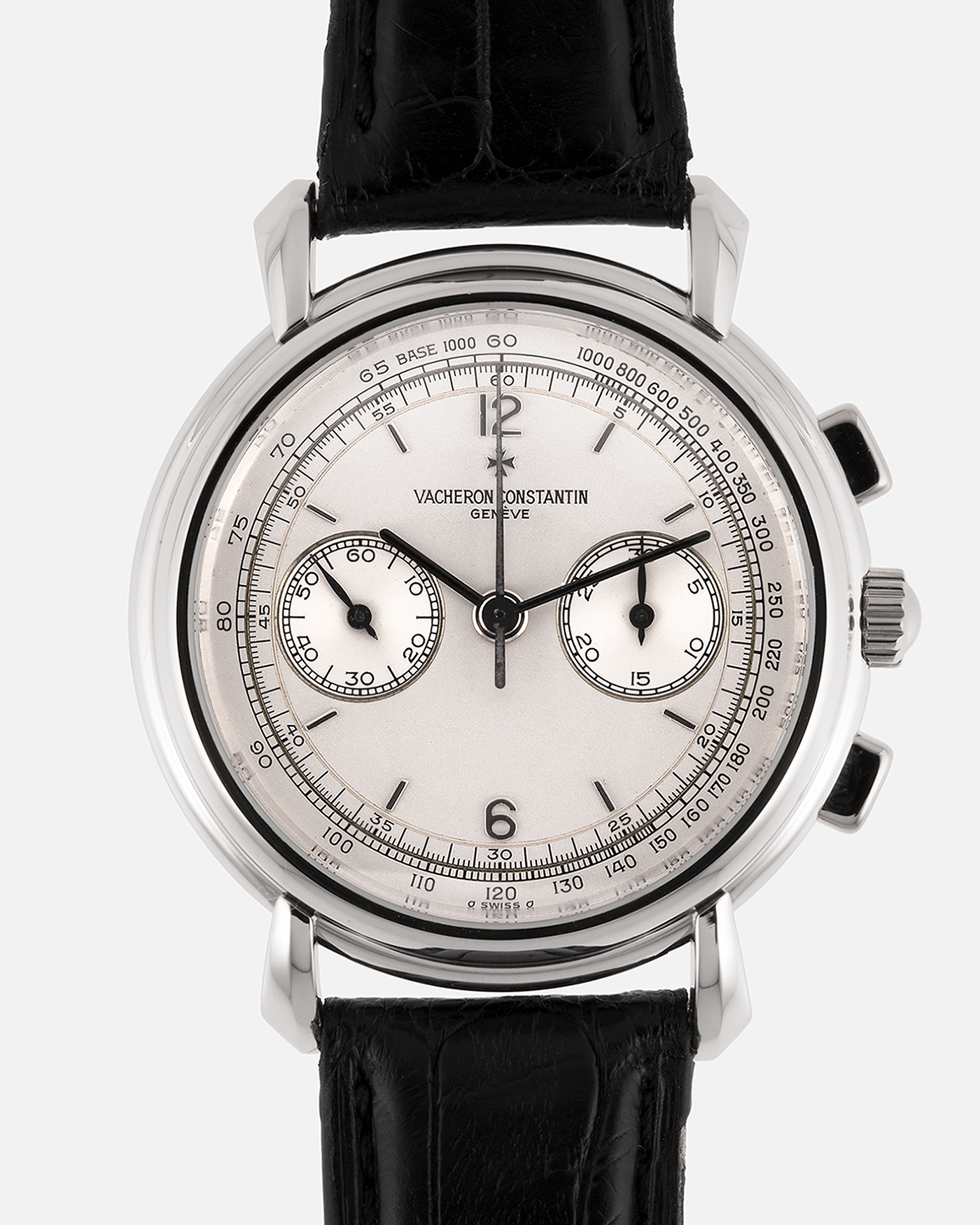 Brand: Vacheron Constantin
Year: 1990’s
Model: Les Historiques Chronograph
Reference: 47101
Material: Platinum 950
Movement: Vacheron Constantin Cal. 1140 (Lémania 2310 Based), Manual-Winding
Case Dimensions: 36mm Diameter 10.6mm Thickness
Lug Width: 18mm
Straps: Vacheron Constantin Black Alligator Strap with Platinum Vacheron Constantin Tang Buckle