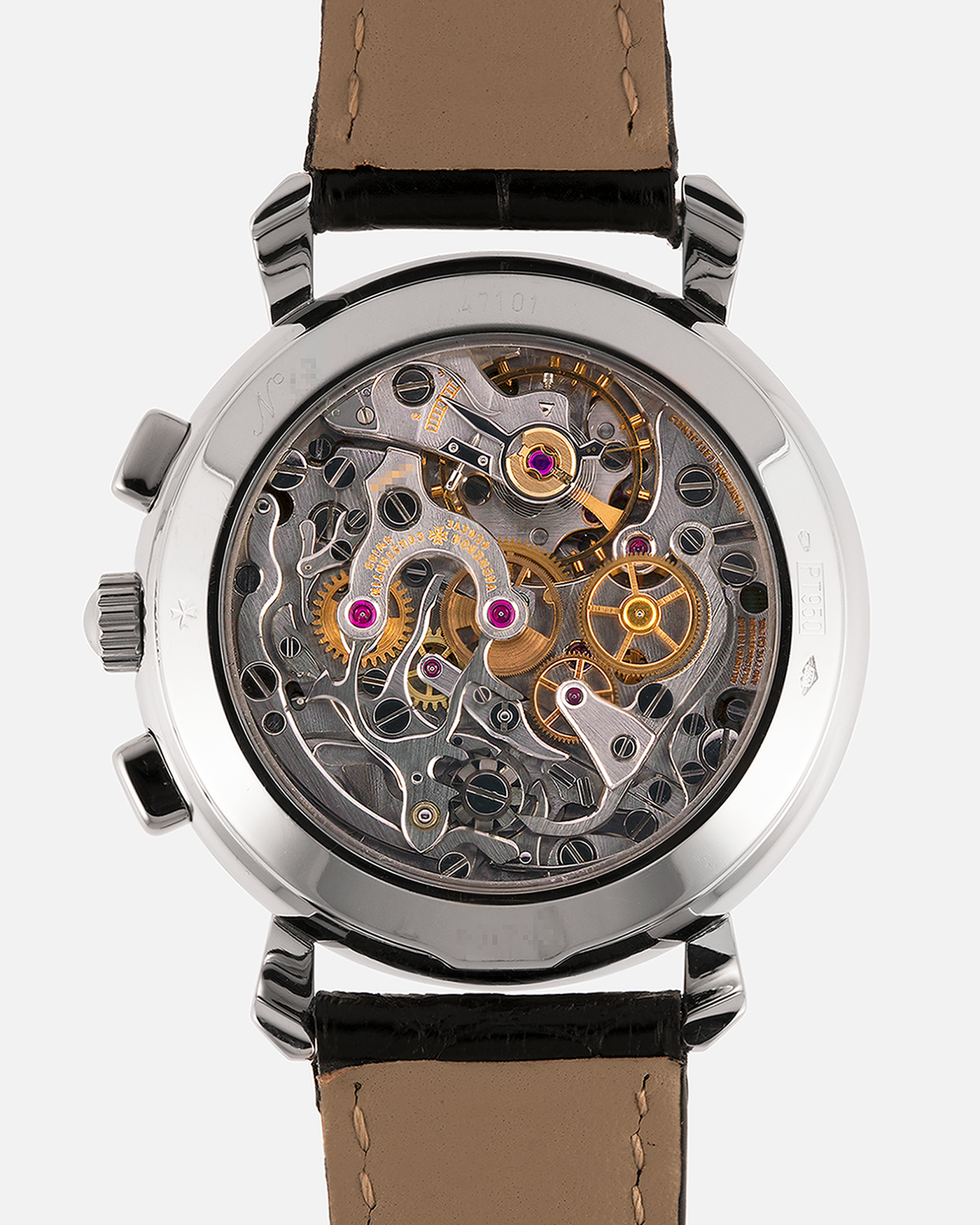 Brand: Vacheron Constantin
Year: 1990’s
Model: Les Historiques Chronograph
Reference: 47101
Material: Platinum 950
Movement: Vacheron Constantin Cal. 1140 (Lémania 2310 Based), Manual-Winding
Case Dimensions: 36mm Diameter 10.6mm Thickness
Lug Width: 18mm
Straps: Vacheron Constantin Black Alligator Strap with Platinum Vacheron Constantin Tang Buckle