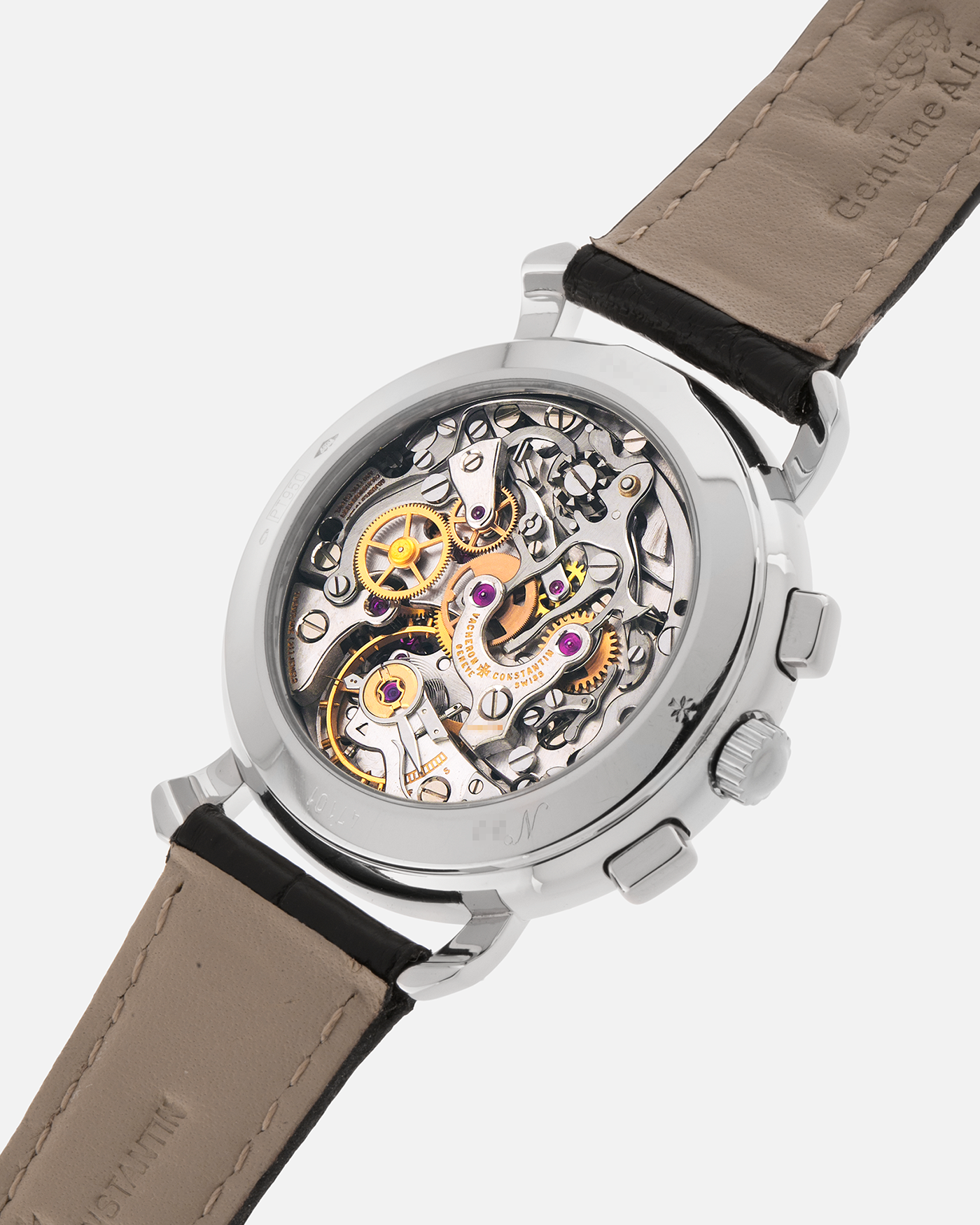 Brand: Vacheron Constantin
Year: 1990’s
Model: Les Historiques Chronograph
Reference: 47101
Material: Platinum 950
Movement: Vacheron Constantin Cal. 1140 (Lémania 2310 Based), Manual-Winding
Case Dimensions: 36mm Diameter 10.6mm Thickness
Lug Width: 18mm
Straps: Vacheron Constantin Black Alligator Strap with Platinum Vacheron Constantin Tang Buckle