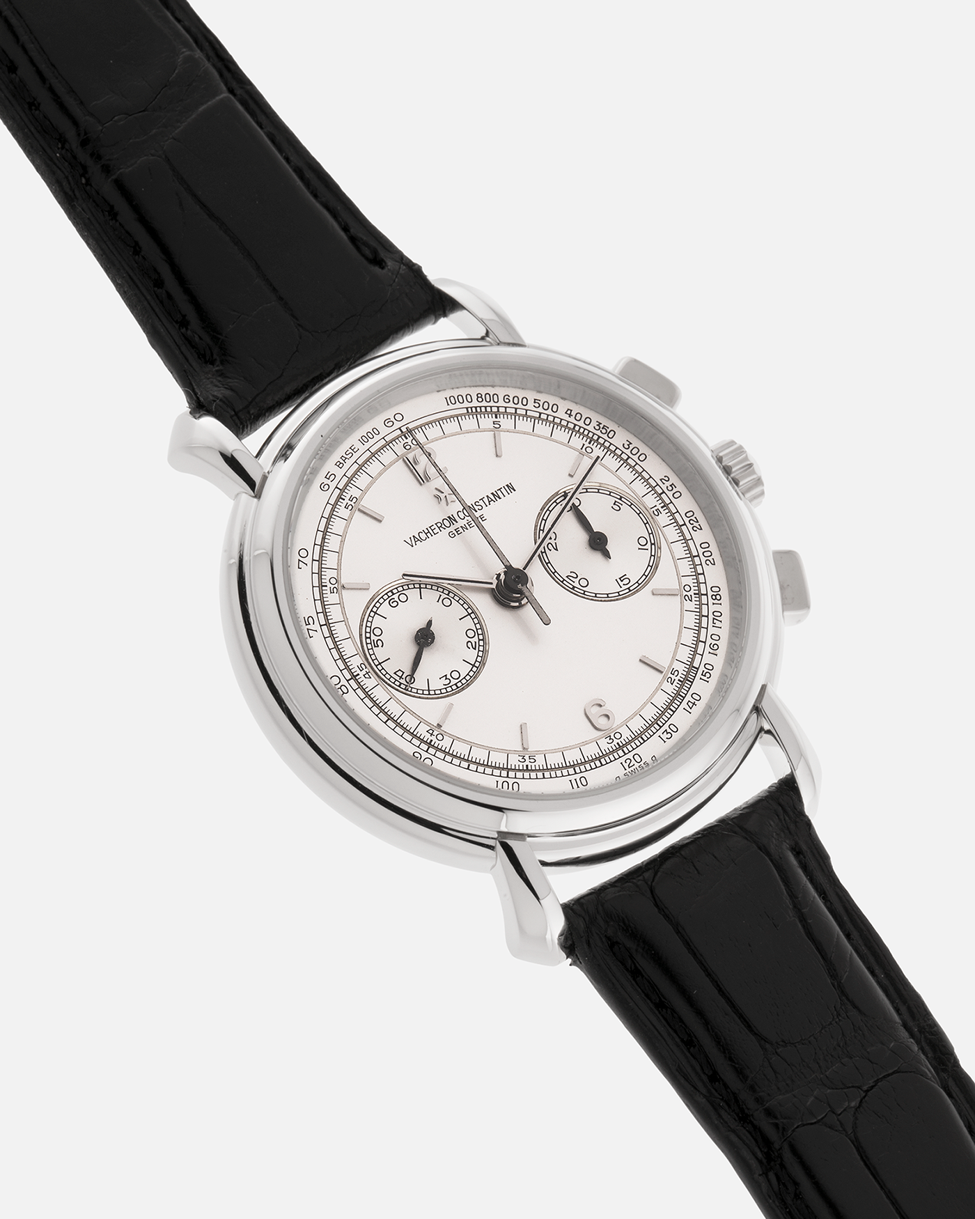 Brand: Vacheron Constantin
Year: 1990’s
Model: Les Historiques Chronograph
Reference: 47101
Material: Platinum 950
Movement: Vacheron Constantin Cal. 1140 (Lémania 2310 Based), Manual-Winding
Case Dimensions: 36mm Diameter 10.6mm Thickness
Lug Width: 18mm
Straps: Vacheron Constantin Black Alligator Strap with Platinum Vacheron Constantin Tang Buckle
