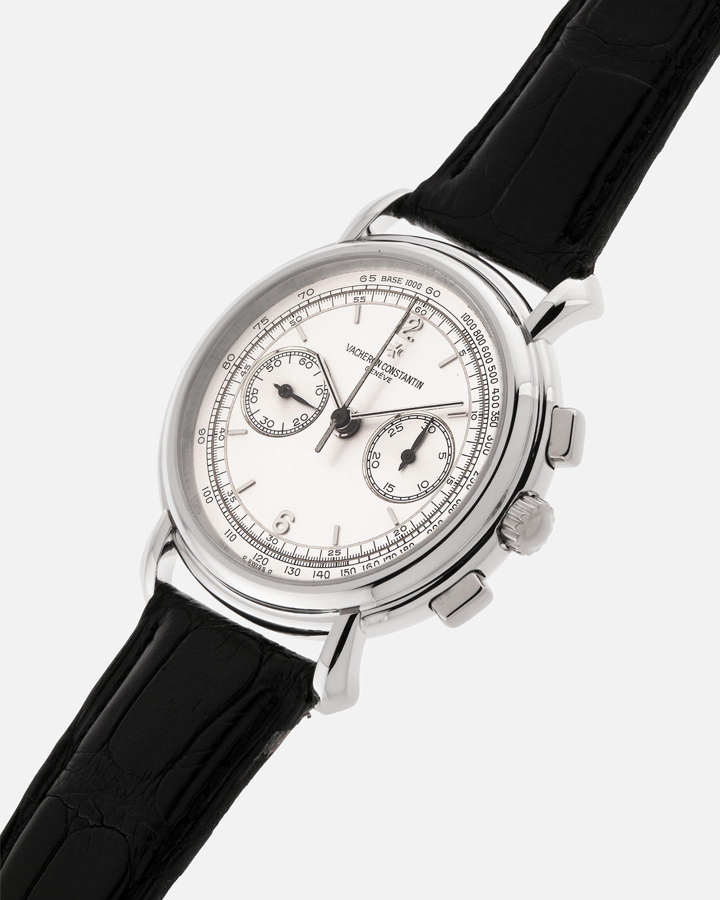 Brand: Vacheron Constantin
Year: 1990’s
Model: Les Historiques Chronograph
Reference: 47101
Material: Platinum 950
Movement: Vacheron Constantin Cal. 1140 (Lémania 2310 Based), Manual-Winding
Case Dimensions: 36mm Diameter 10.6mm Thickness
Lug Width: 18mm
Straps: Vacheron Constantin Black Alligator Strap with Platinum Vacheron Constantin Tang Buckle