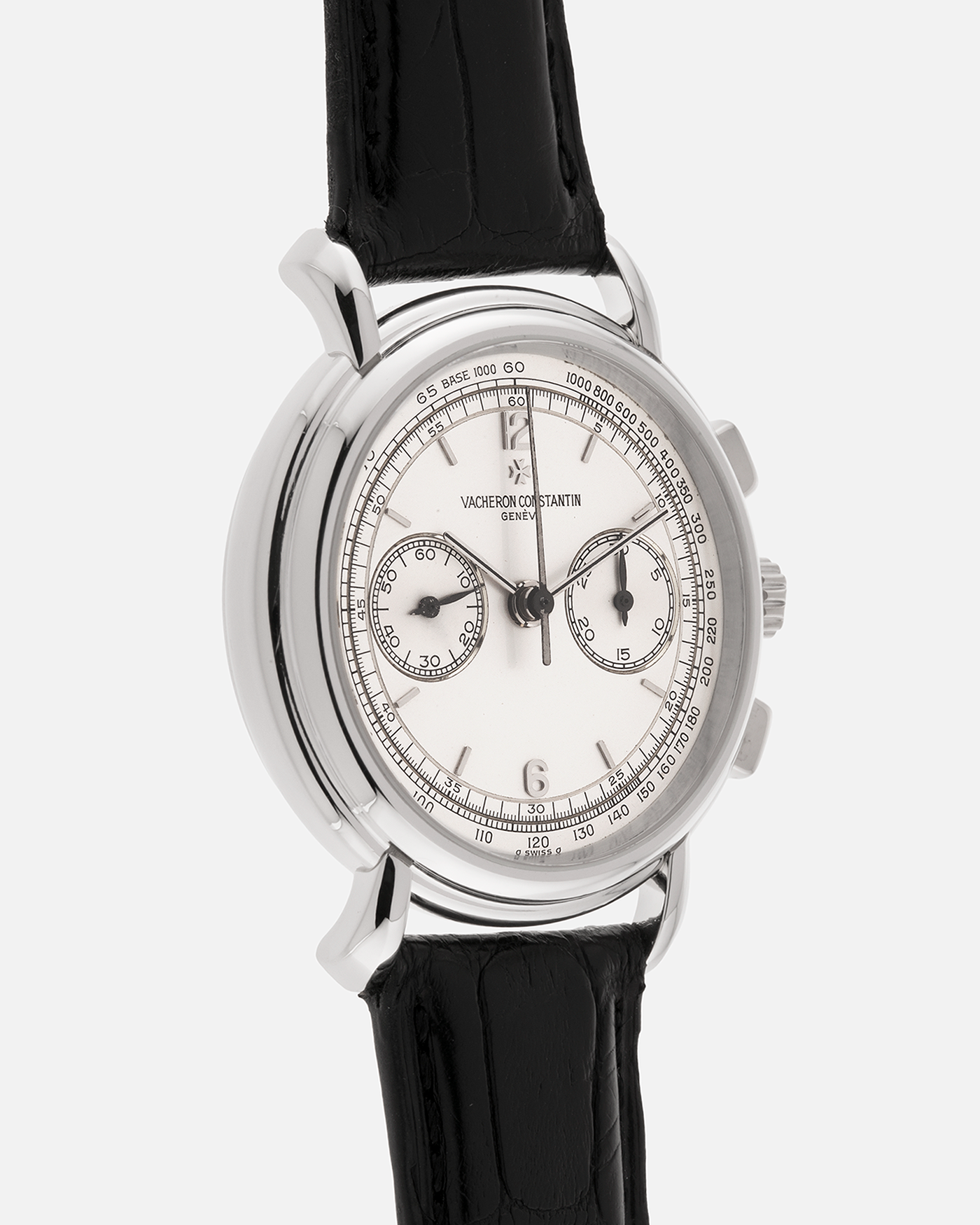 Brand: Vacheron Constantin
Year: 1990’s
Model: Les Historiques Chronograph
Reference: 47101
Material: Platinum 950
Movement: Vacheron Constantin Cal. 1140 (Lémania 2310 Based), Manual-Winding
Case Dimensions: 36mm Diameter 10.6mm Thickness
Lug Width: 18mm
Straps: Vacheron Constantin Black Alligator Strap with Platinum Vacheron Constantin Tang Buckle