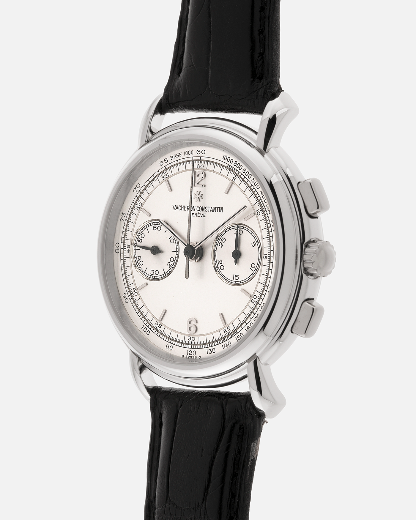 Brand: Vacheron Constantin
Year: 1990’s
Model: Les Historiques Chronograph
Reference: 47101
Material: Platinum 950
Movement: Vacheron Constantin Cal. 1140 (Lémania 2310 Based), Manual-Winding
Case Dimensions: 36mm Diameter 10.6mm Thickness
Lug Width: 18mm
Straps: Vacheron Constantin Black Alligator Strap with Platinum Vacheron Constantin Tang Buckle