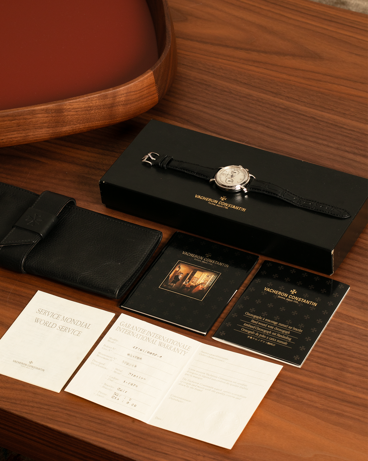 Brand: Vacheron Constantin
Year: 1990’s
Model: Les Historiques Chronograph
Reference: 47101
Material: Platinum 950
Movement: Vacheron Constantin Cal. 1140 (Lémania 2310 Based), Manual-Winding
Case Dimensions: 36mm Diameter 10.6mm Thickness
Lug Width: 18mm
Straps: Vacheron Constantin Black Alligator Strap with Platinum Vacheron Constantin Tang Buckle