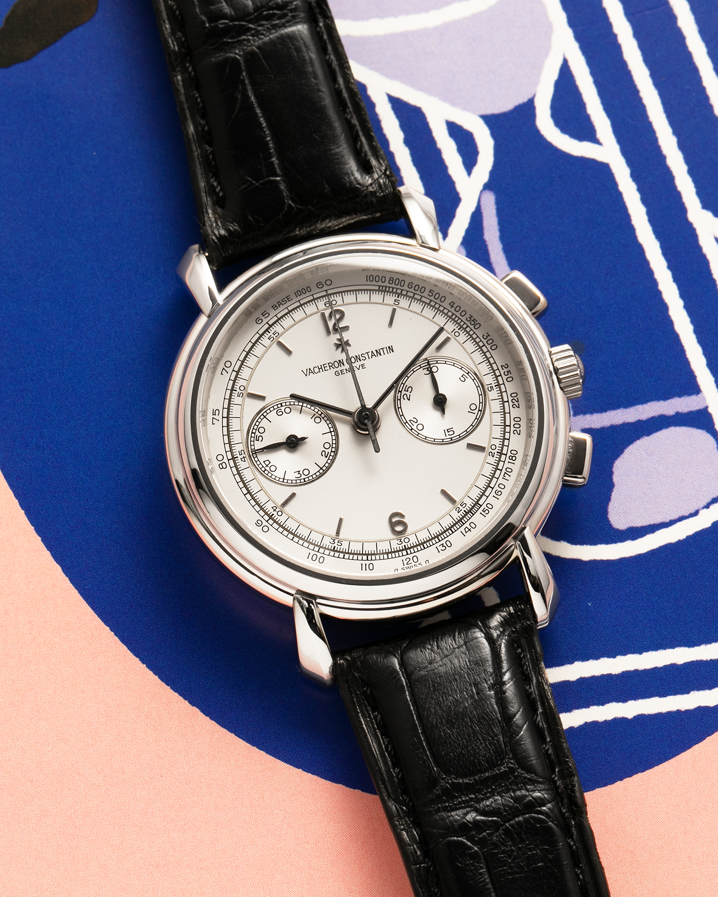 Brand: Vacheron Constantin
Year: 1990’s
Model: Les Historiques Chronograph
Reference: 47101
Material: Platinum 950
Movement: Vacheron Constantin Cal. 1140 (Lémania 2310 Based), Manual-Winding
Case Dimensions: 36mm Diameter 10.6mm Thickness
Lug Width: 18mm
Straps: Vacheron Constantin Black Alligator Strap with Platinum Vacheron Constantin Tang Buckle